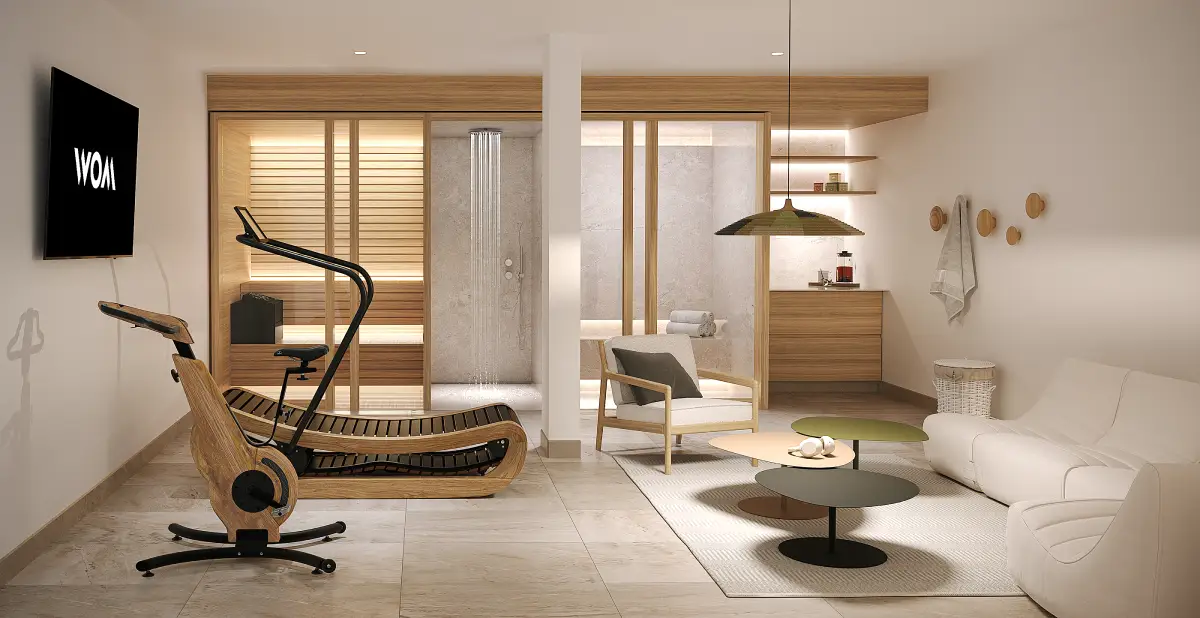WOM, Tignes, salle de sport et bien être avec un mobilier principalement en bois