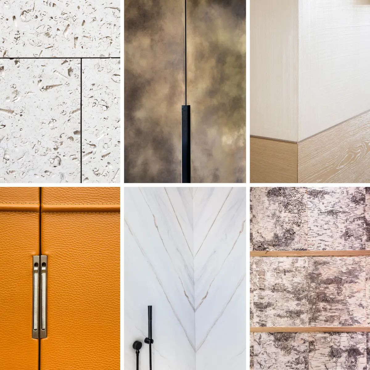 Mosaïque de 6 matériaux différents : bois, pierre, marbre...