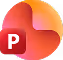 Červená ikona Microsoft PowerPoint s bílým písmenem P a abstraktním barevným tvarem za ním.