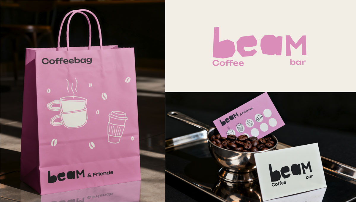 A pink Beam & Friends paper shopping bag next to branded business cards and loyalty cards filled with coffee beans.