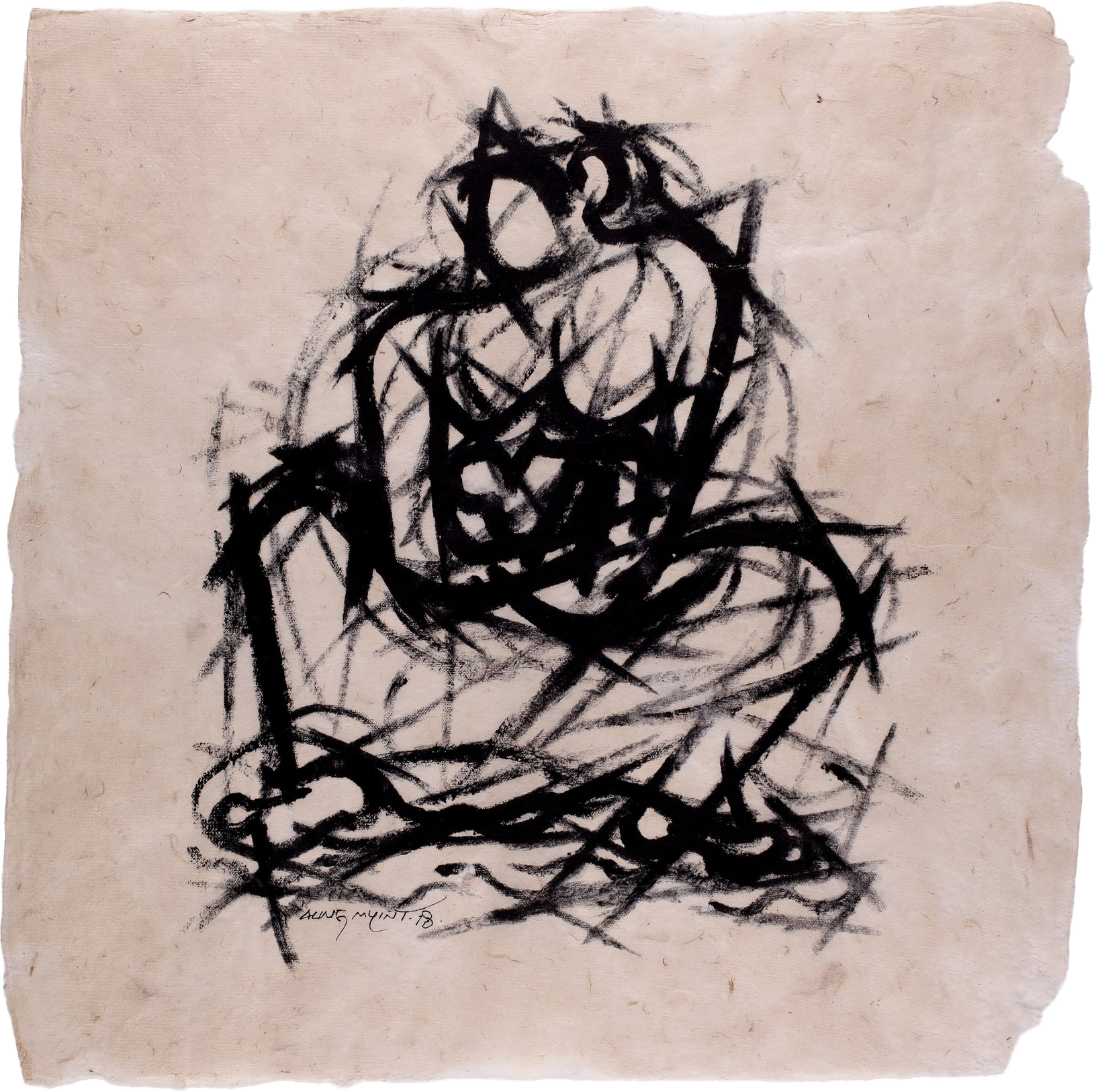 Aung Myint's 'Mother and Child III': a seated mother and child built from dense, gestural black strokes and tangled marks.