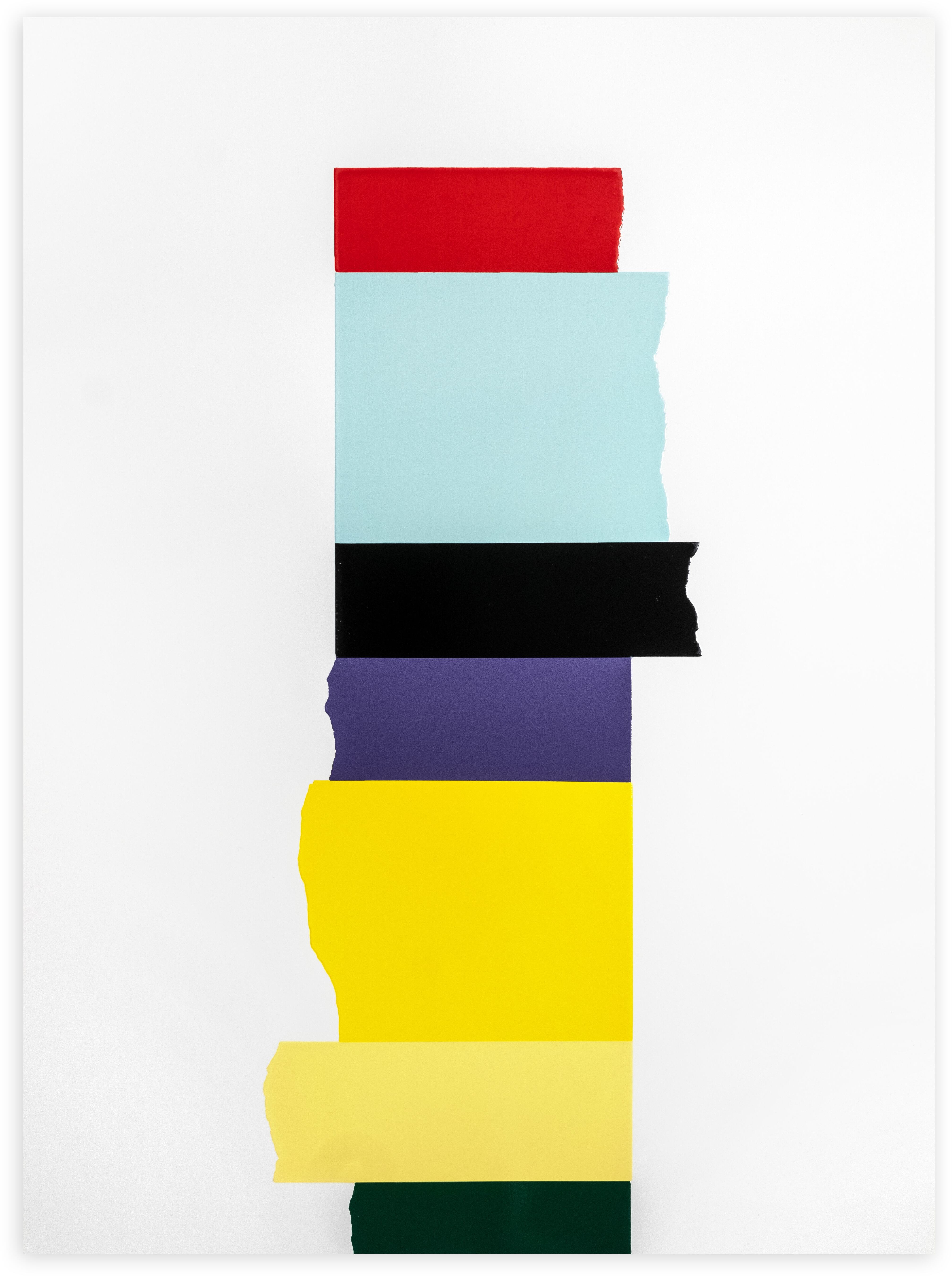 David Batchelor, Chromophilia — a vertical stack of torn-edged colour blocks in red, pale aqua, black, purple, yellow and green on white.