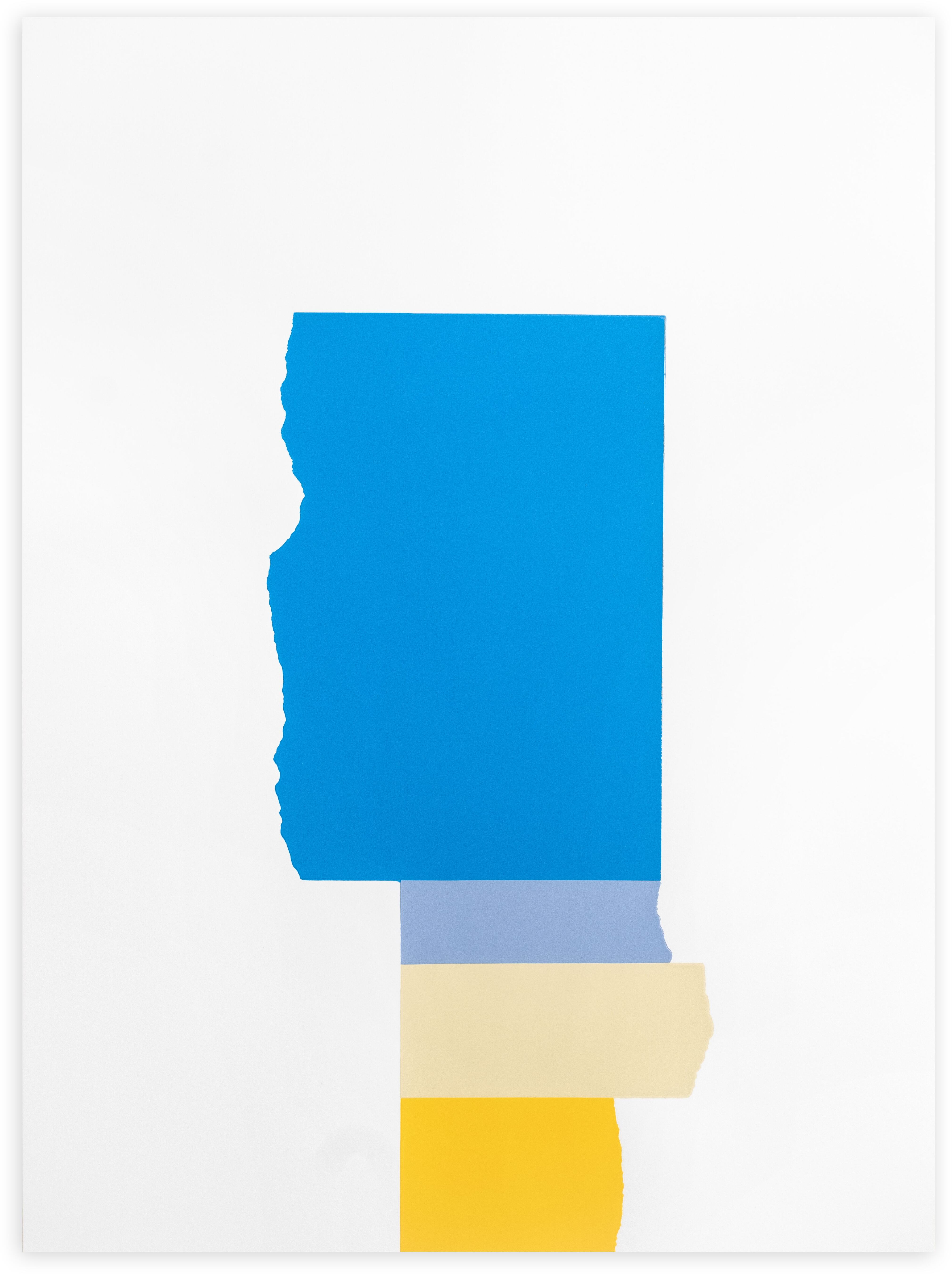 David Batchelor, Chromophilia — a vertical stack of torn-edged blocks in bright blue, periwinkle, pale cream and yellow on white.