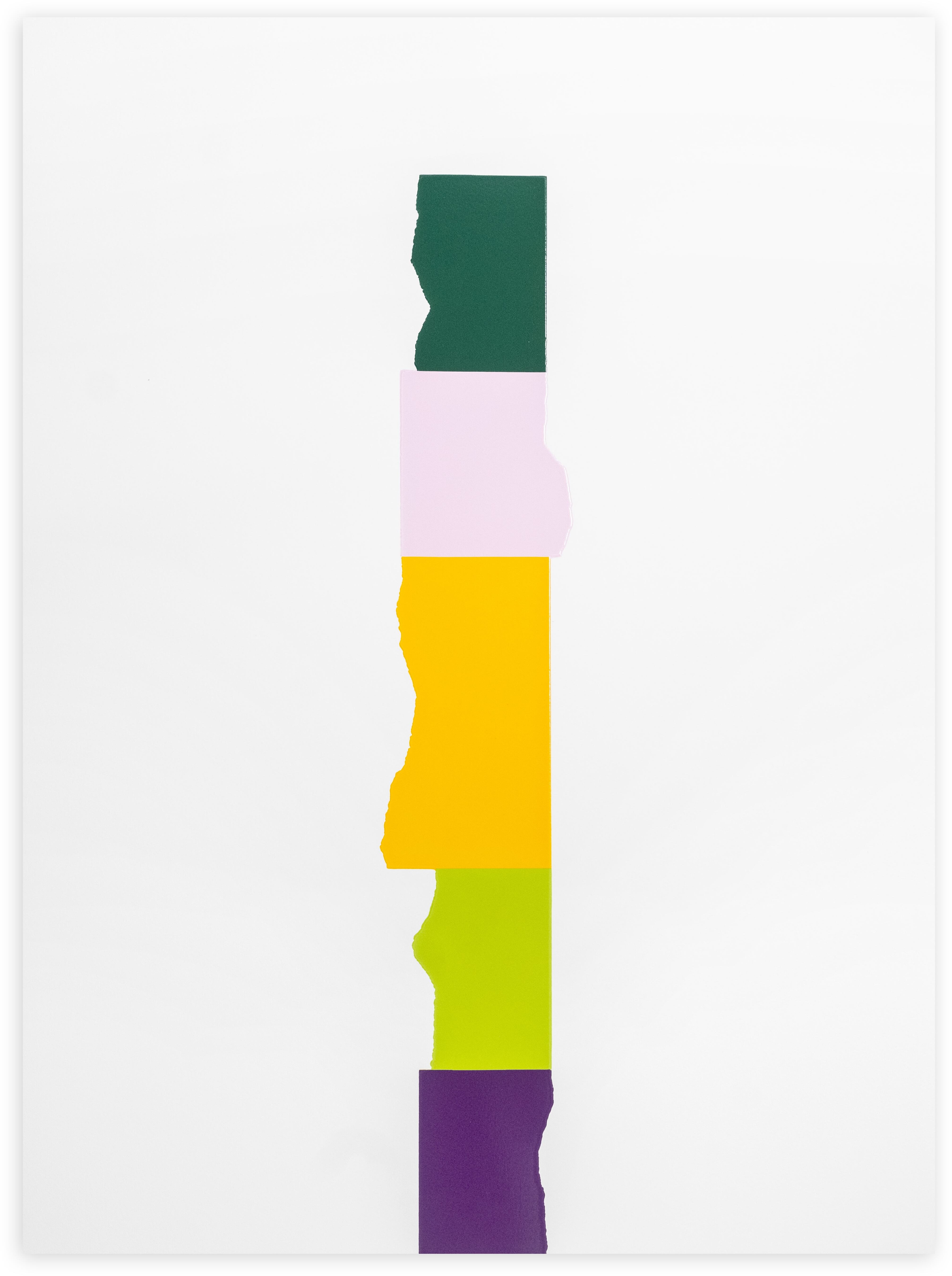 David Batchelor, Chromophilia — a narrow vertical stack of torn-edged blocks in deep green, lilac, yellow, lime and purple on white.
