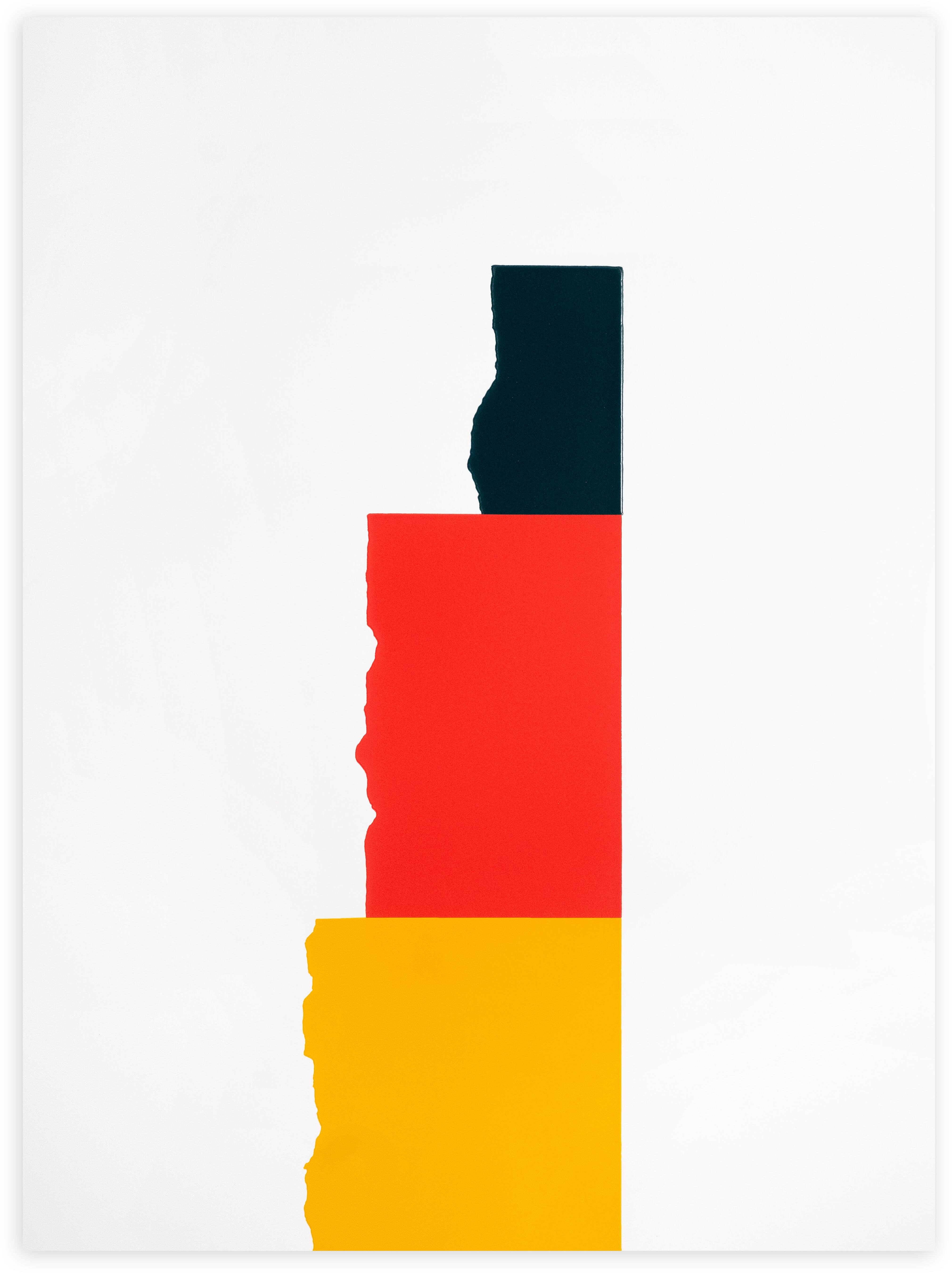 David Batchelor, Chromophilia — a vertical stack of torn-edged blocks in dark teal, red and amber-yellow on white.