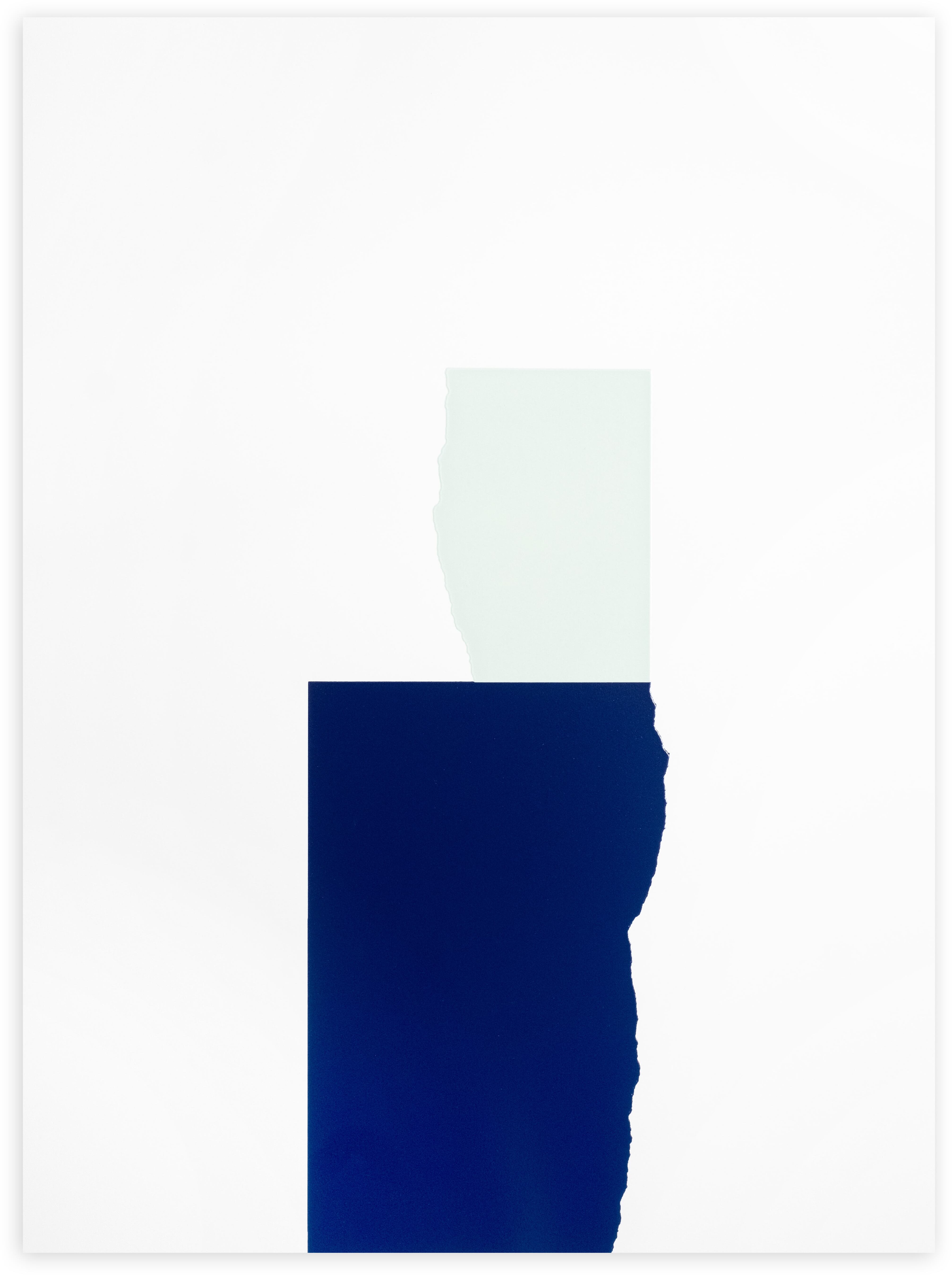 David Batchelor, Chromophilia — a short vertical stack of two torn-edged blocks in pale mint and deep navy blue on white.
