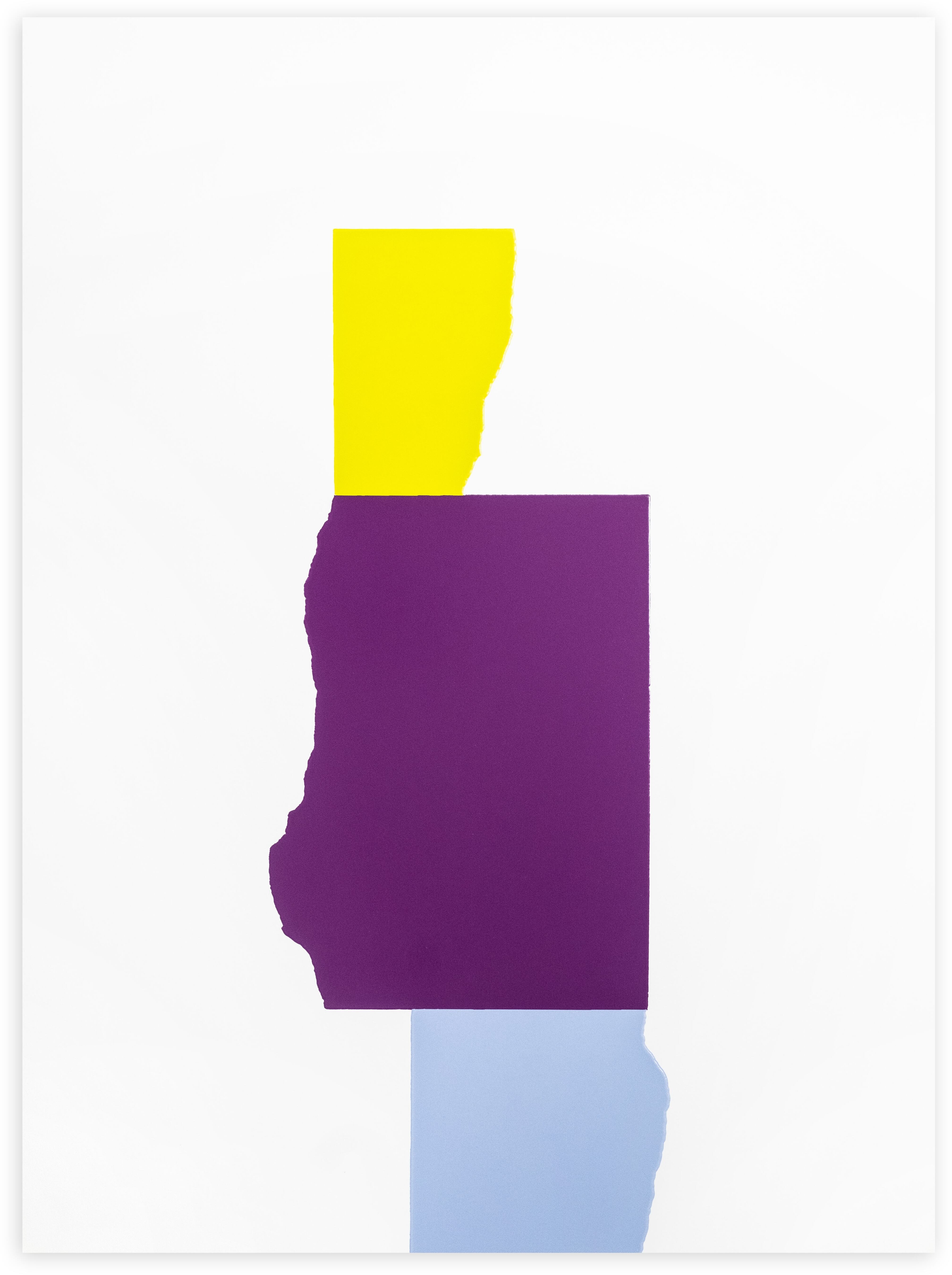David Batchelor, Chromophilia — a vertical stack of torn-edged blocks in bright yellow, magenta-purple and pale blue on white.