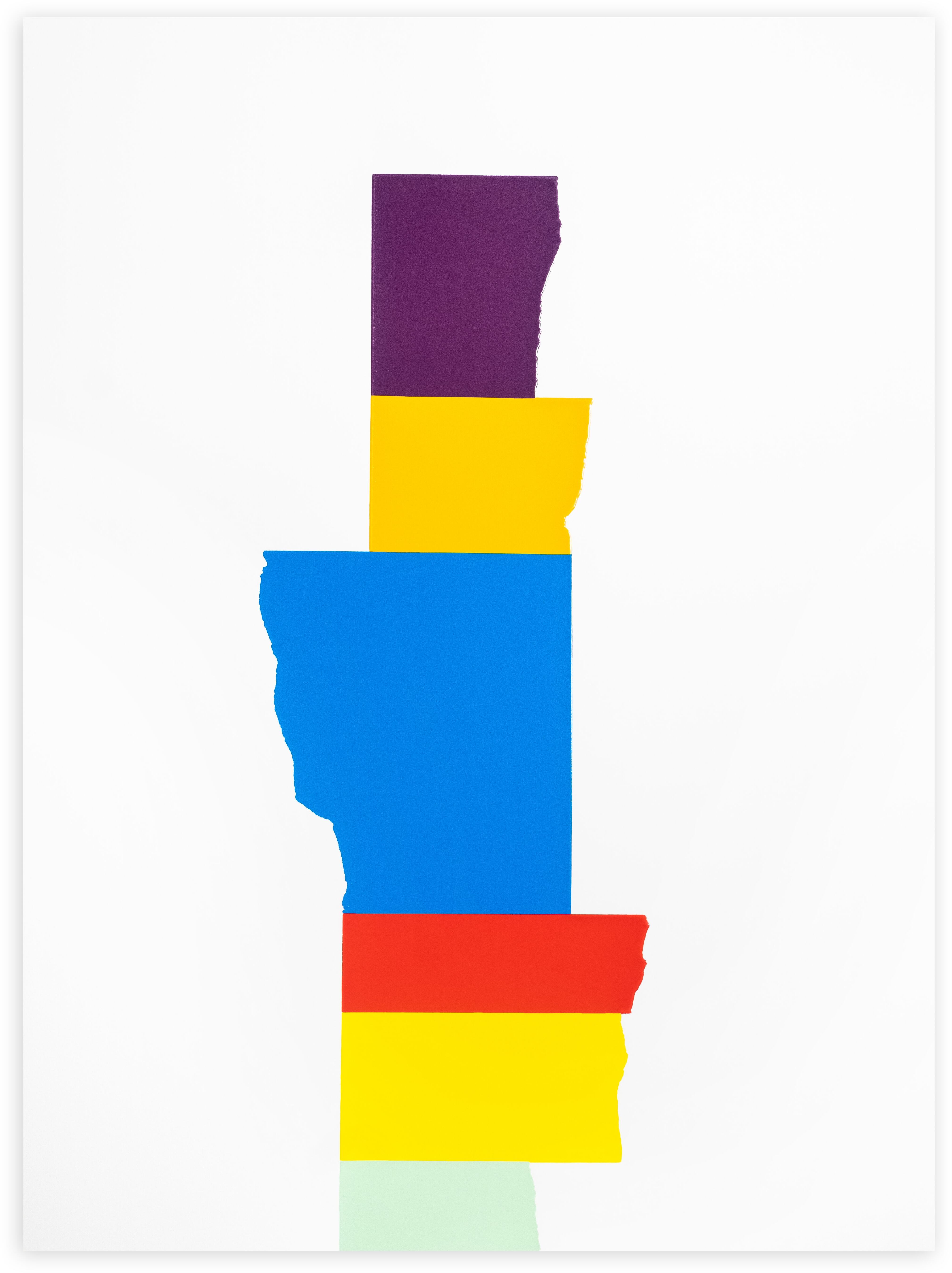 David Batchelor, Chromophilia — a vertical stack of torn-edged blocks in purple, yellow, blue, red, yellow and faint mint on white.