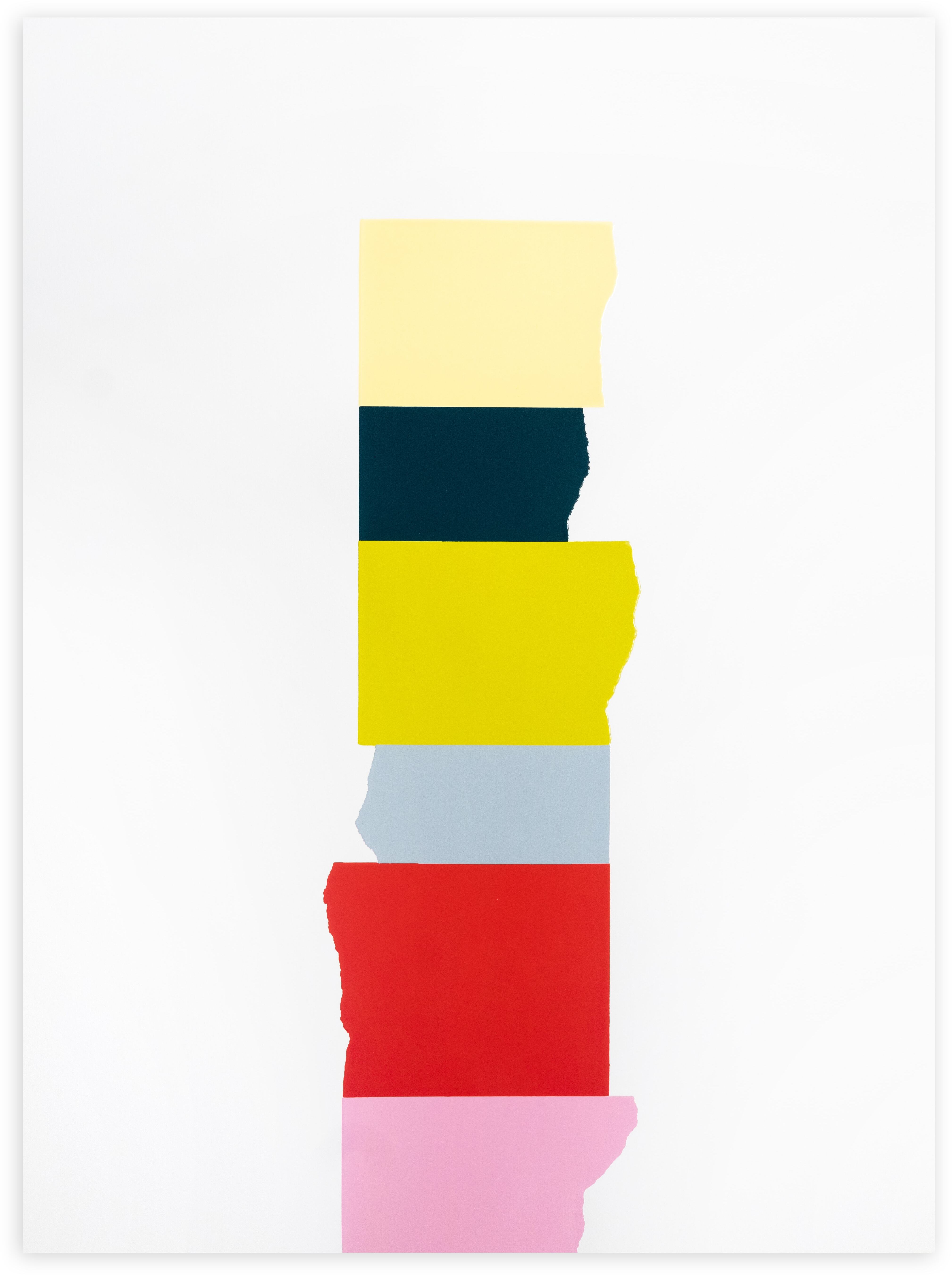 David Batchelor, Chromophilia — a vertical stack of torn-edged blocks in pale yellow, dark navy, yellow, grey, red and pink on white.