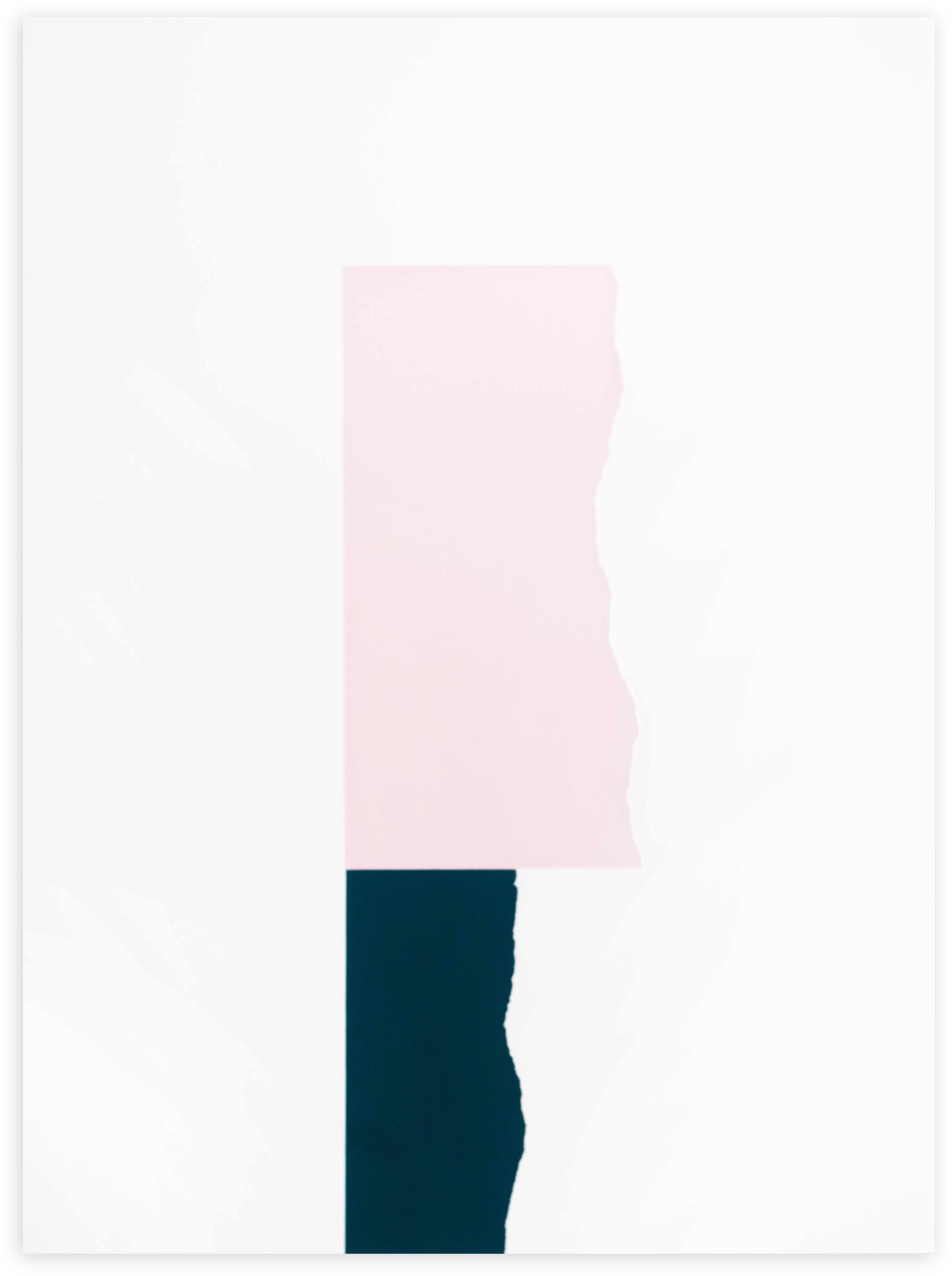 David Batchelor, Chromophilia — a tall vertical stack of two torn-edged blocks in soft pale pink and dark teal on white.