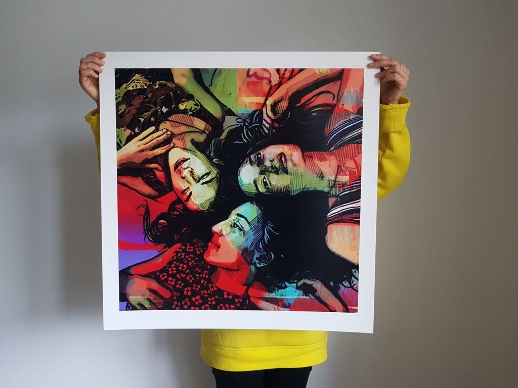 Alice Pasquini's Teen Spirit screenprint held up against a grey wall, showing the square image within a wide white margin