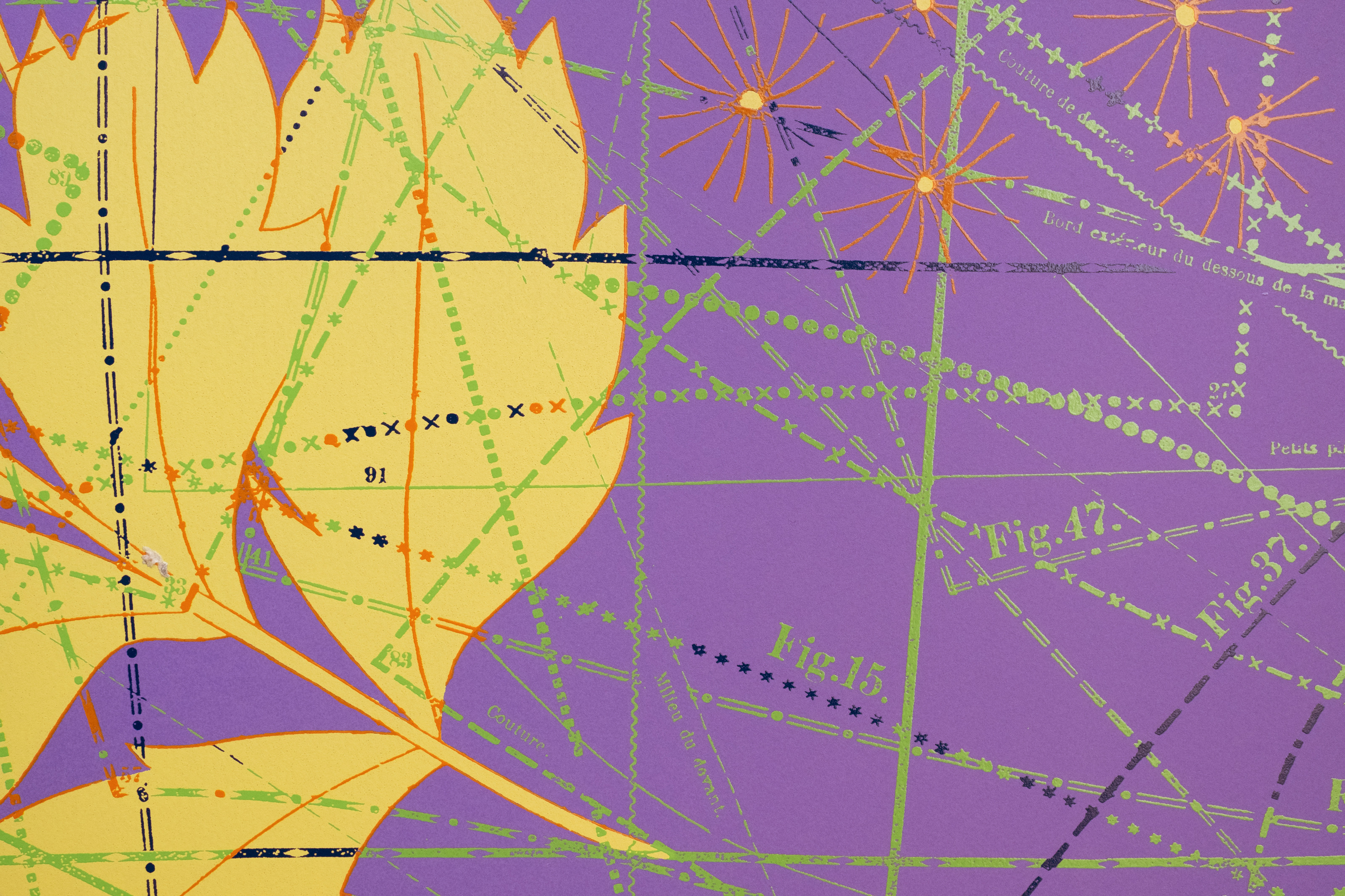 Hormazd Narielwalla, Between the Garden Lines (Purple) — detail of a yellow leaf edge beside orange starbursts on lilac