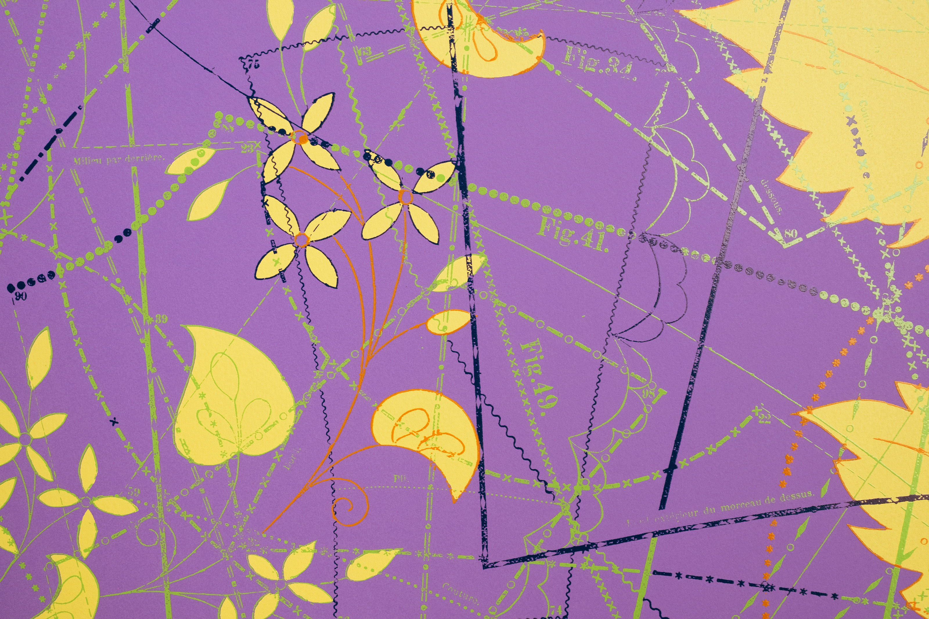 Detail of Between the Garden Lines (Purple) — yellow flowers and heart-shaped leaves over green tailoring pattern lines on lilac