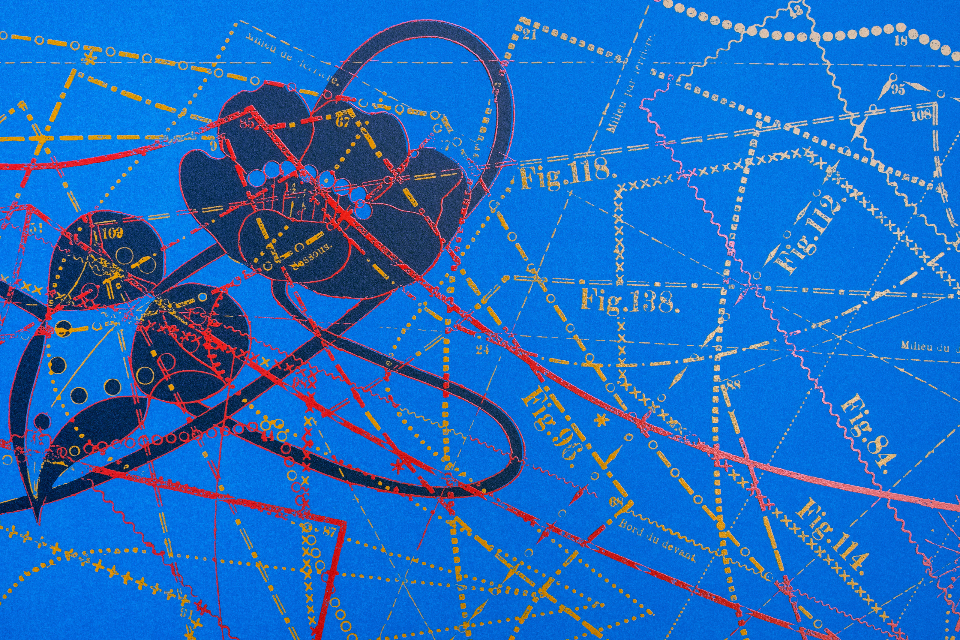 Hormazd Narielwalla, Between the Garden Lines (Blue) — navy petal shapes on a long looping stem over a cobalt ground