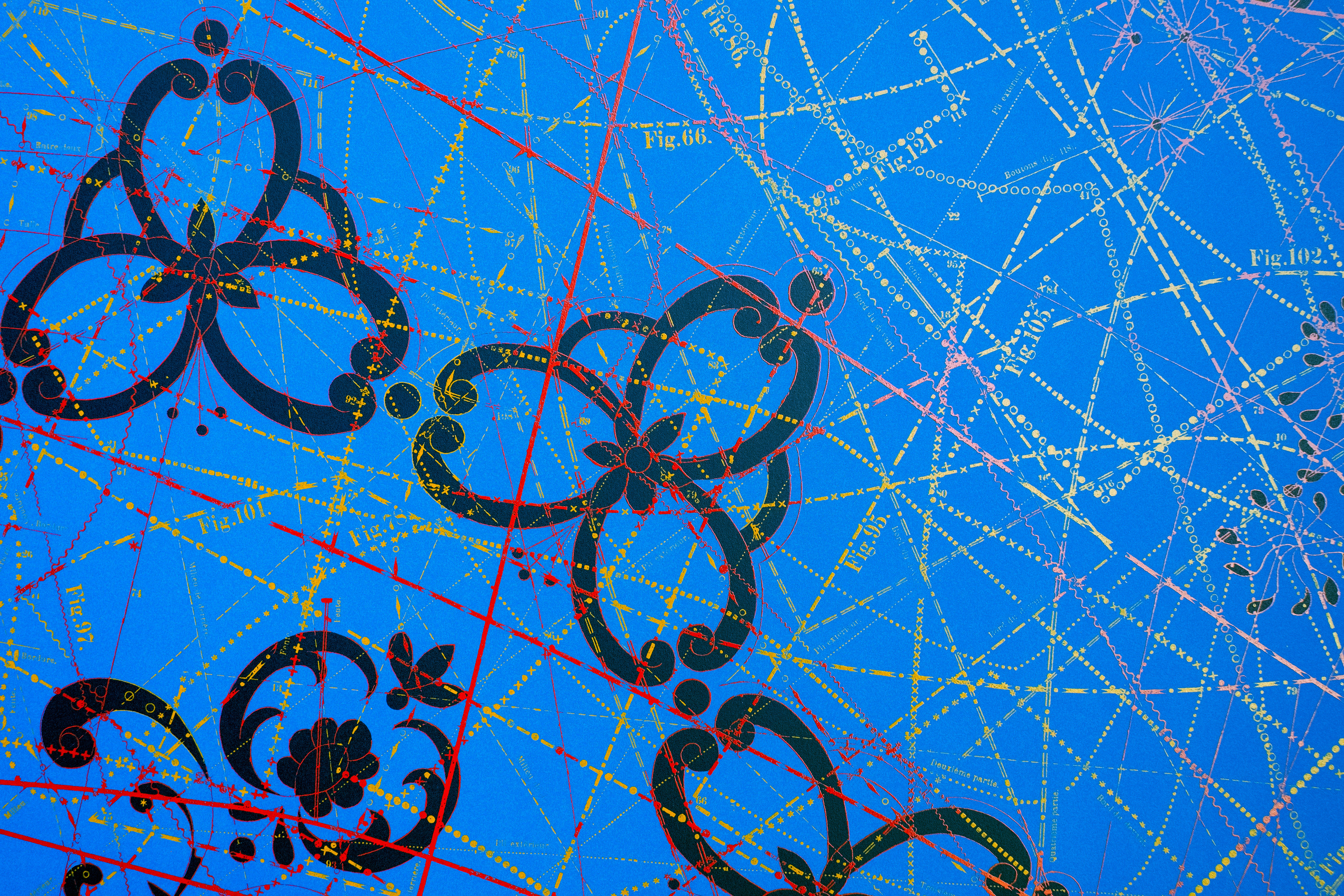 Hormazd Narielwalla, Between the Garden Lines (Blue) — detail of navy looping scrollwork over red and gold tailoring pattern lines