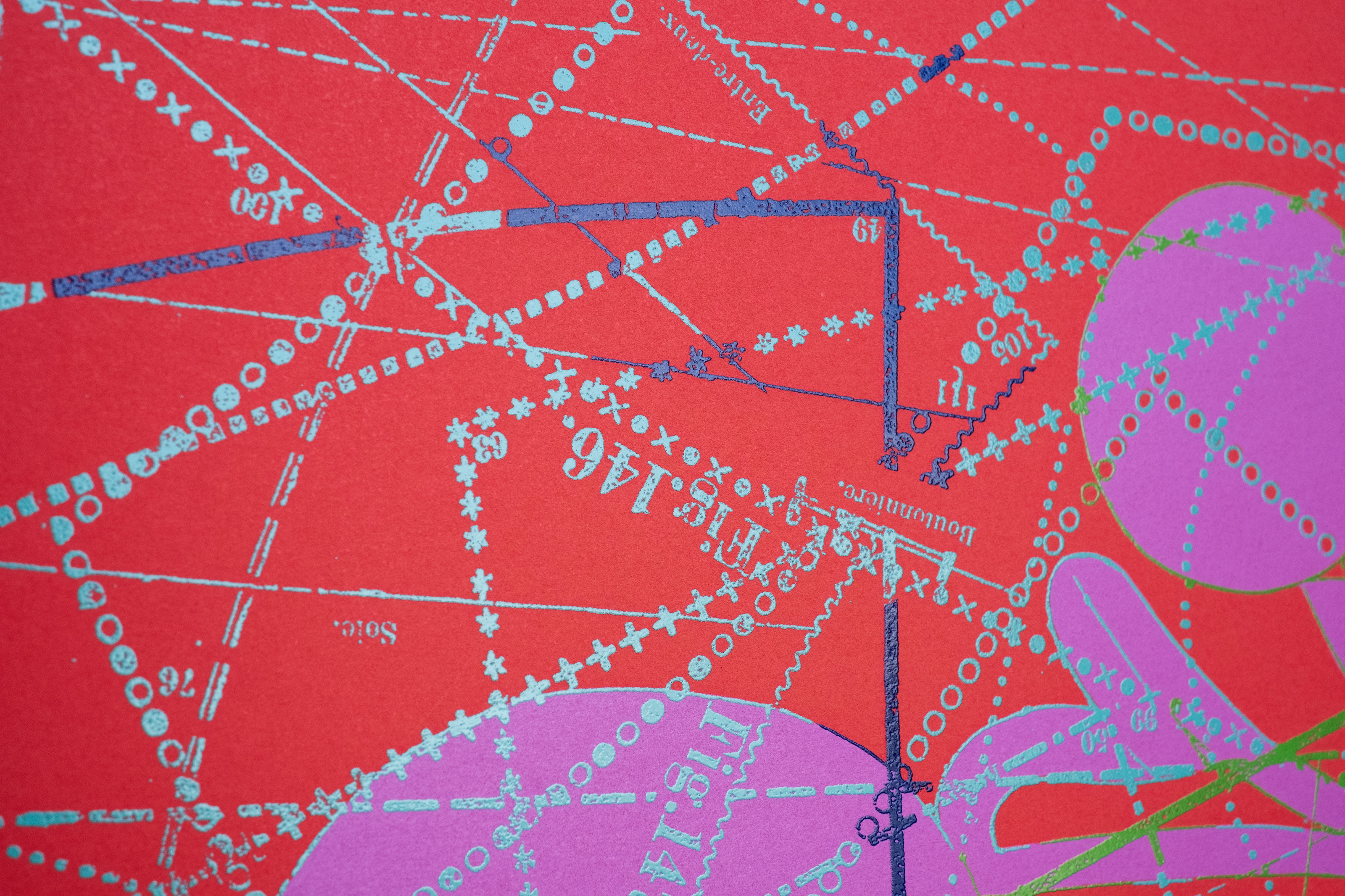 Hormazd Narielwalla, Between the Garden Lines (Red) — detail of pale blue tailoring pattern lines and magenta shapes on scarlet