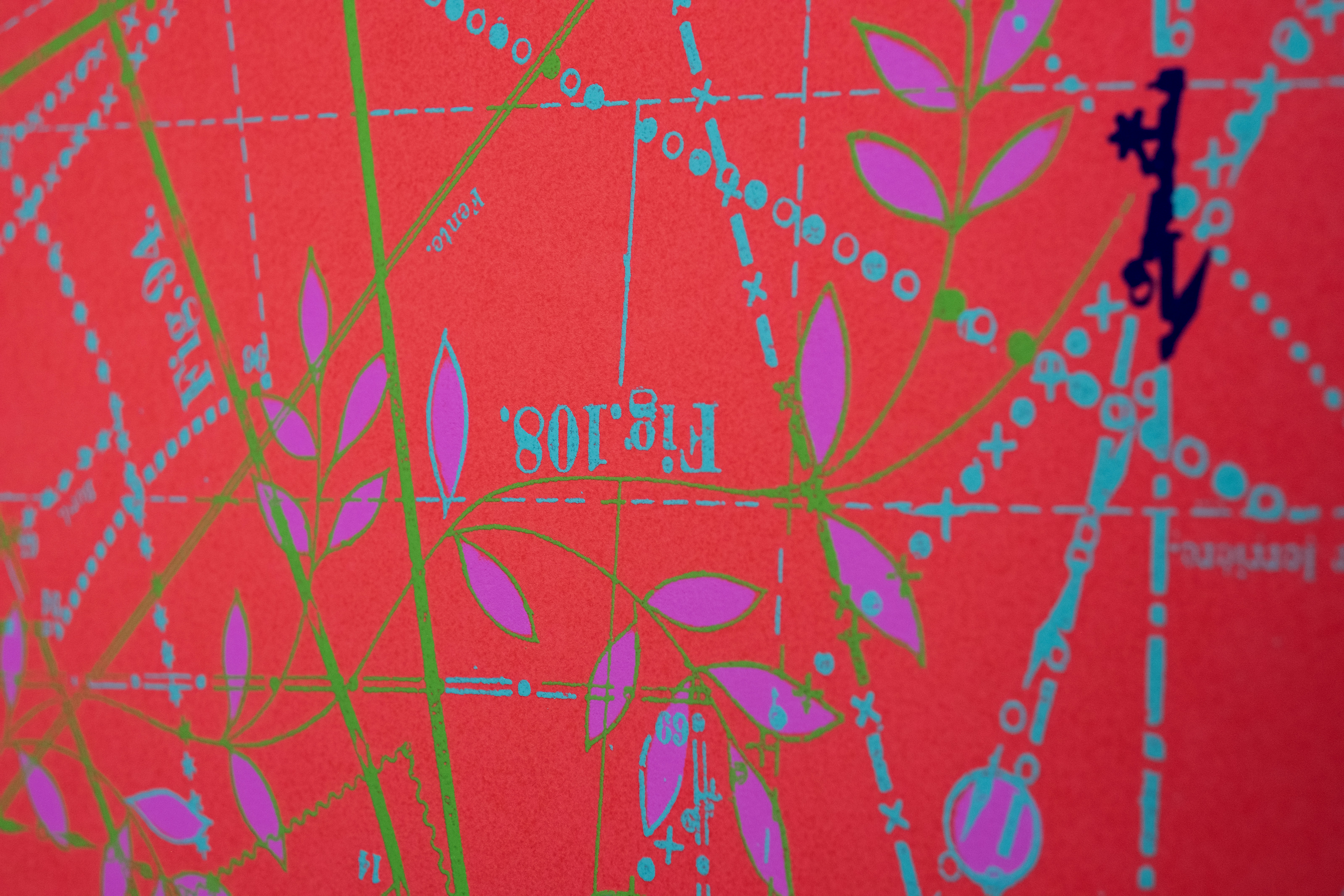 Detail of Between the Garden Lines (Red) — magenta leaves on green stems over pale blue pattern markings on a scarlet ground