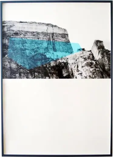 Amy Stephens, Preikestolen — black and white cliff face and rock plateau with a translucent turquoise block across it.