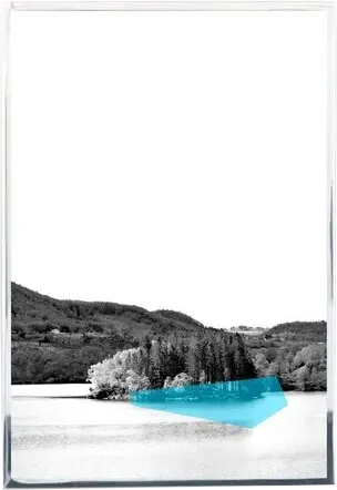 Amy Stephens, Hval Island — pale monochrome lake and wooded hillside with a faceted turquoise block resting on the water.