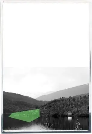 Amy Stephens, The Lookout — framed monochrome print of a lake and forested hills with a green faceted block on the water.