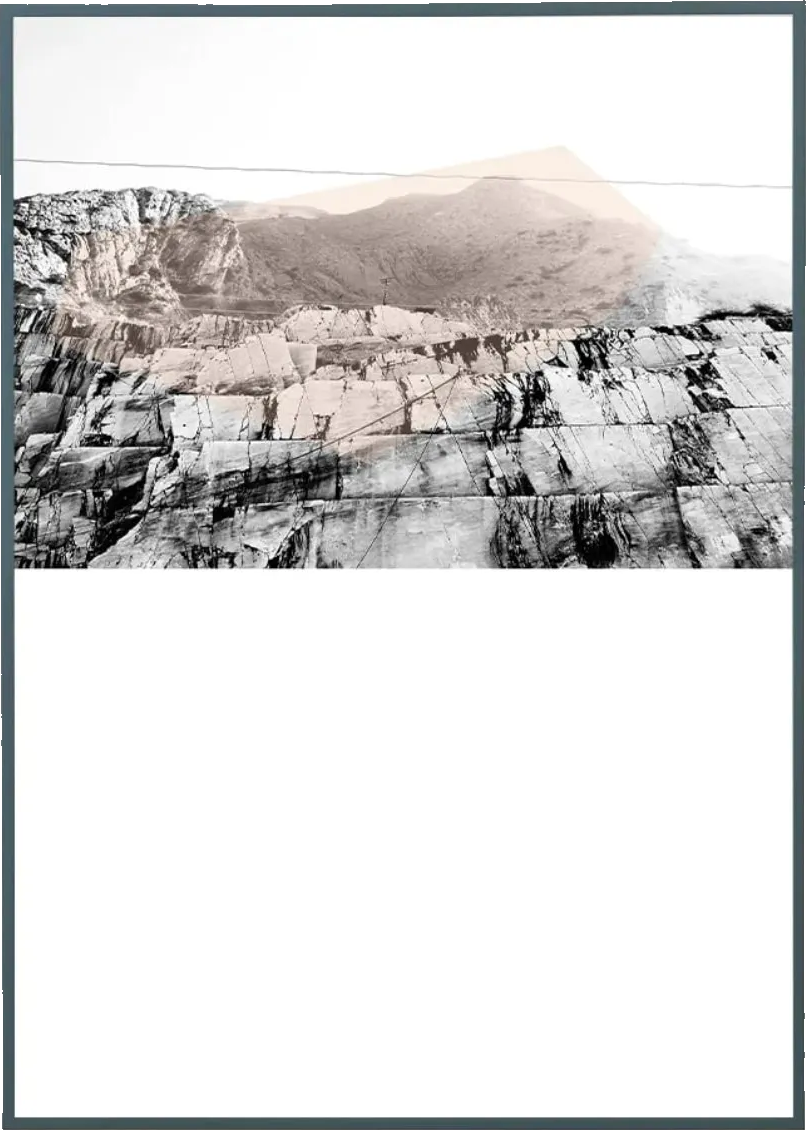 Amy Stephens, Alpi Apuane — monochrome quarry terraces cut into a hillside, overlaid with a soft peach plane and a fine line.