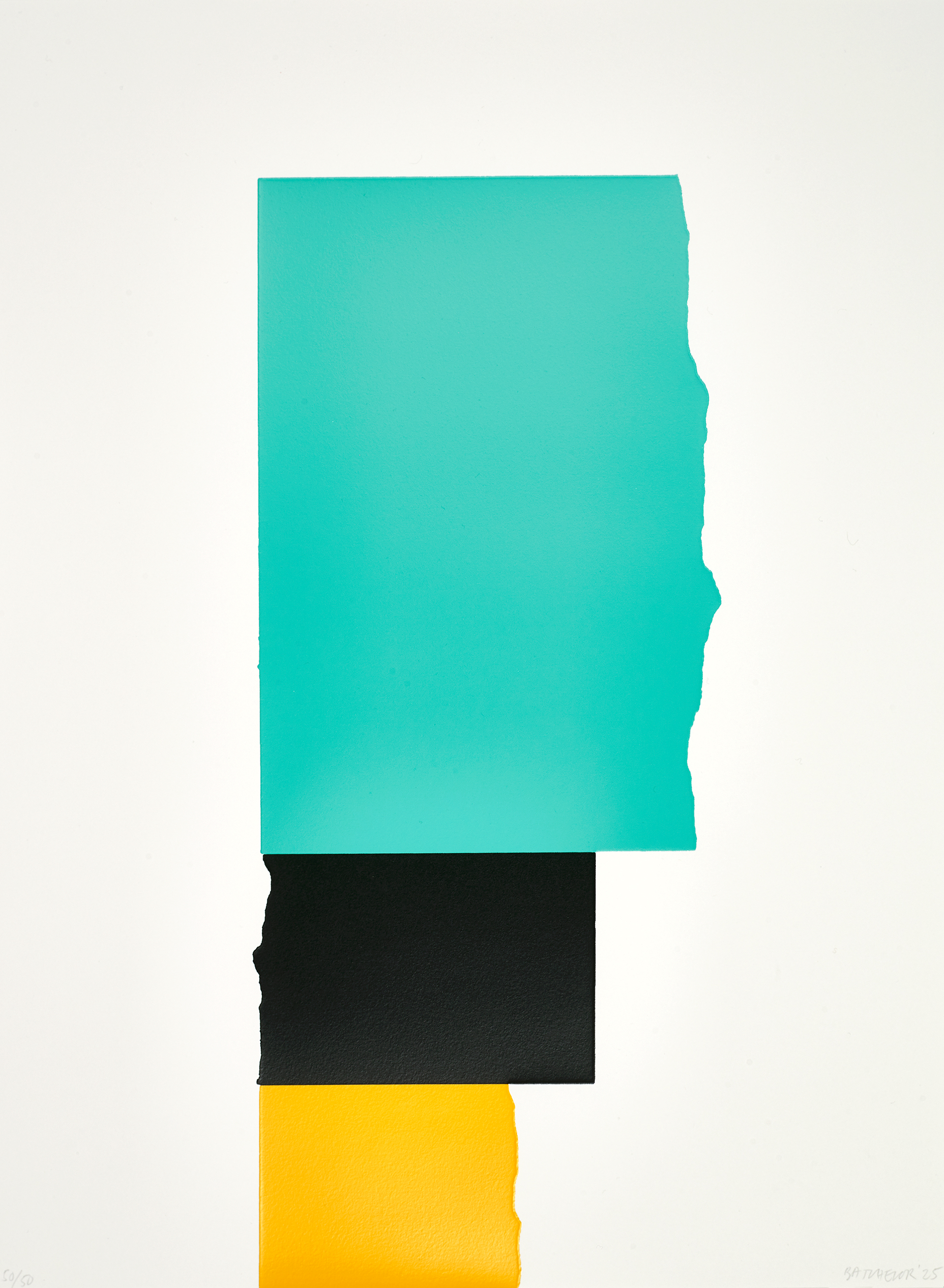 David Batchelor, Chromoscreen 1 — turquoise, black and yellow blocks stacked in a column with torn edges.