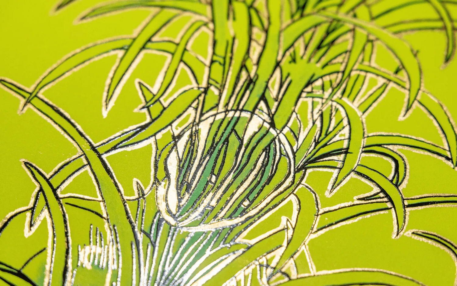 Detail of Hew Locke's Kings & Queens 7 showing raised 23 carat gold leaf catching the light along the printed leaf edges.