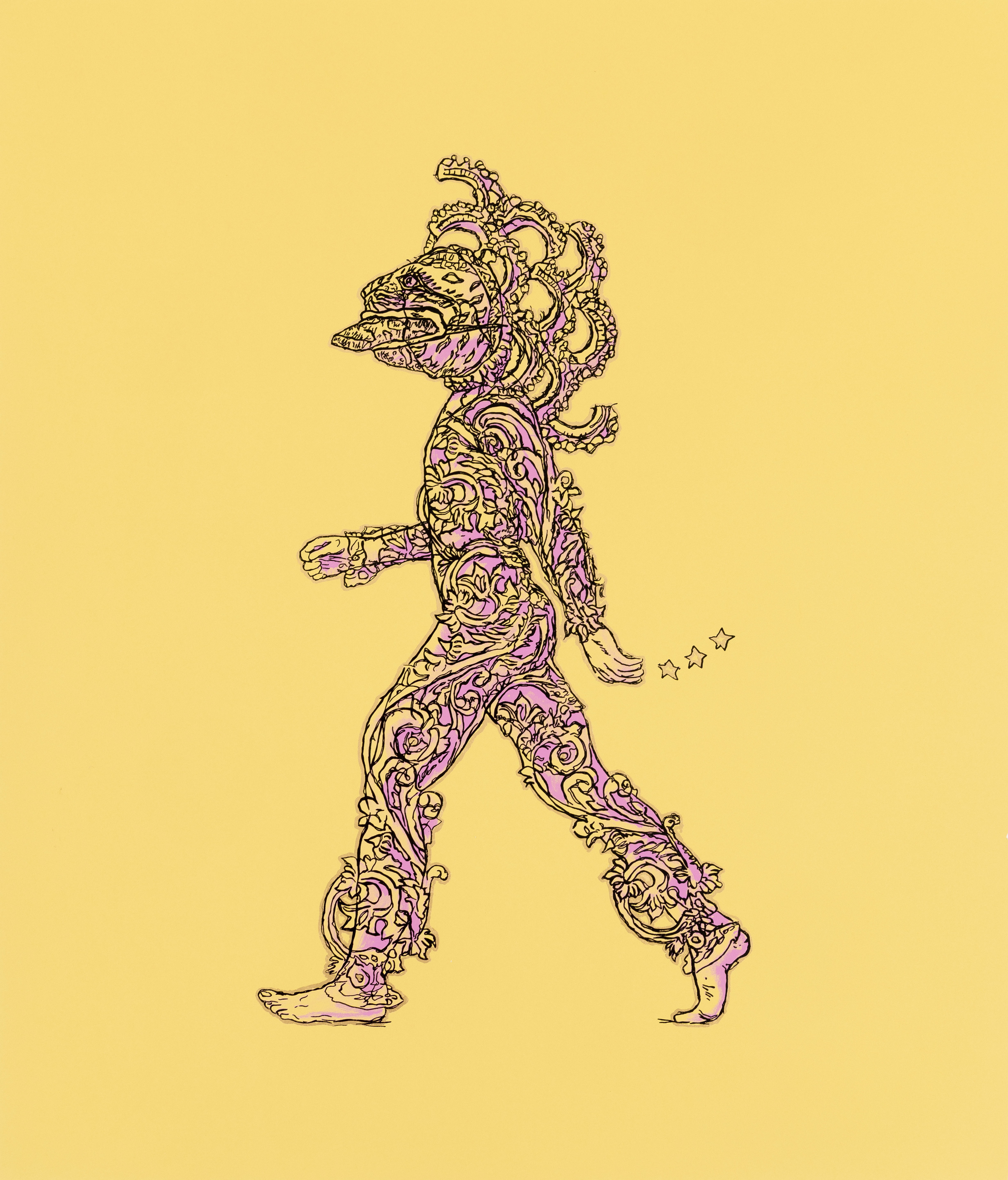 Hew Locke, Kings & Queens 15 — a striding lion-headed figure in profile, drawn in fine black line and filled with pink and gold.