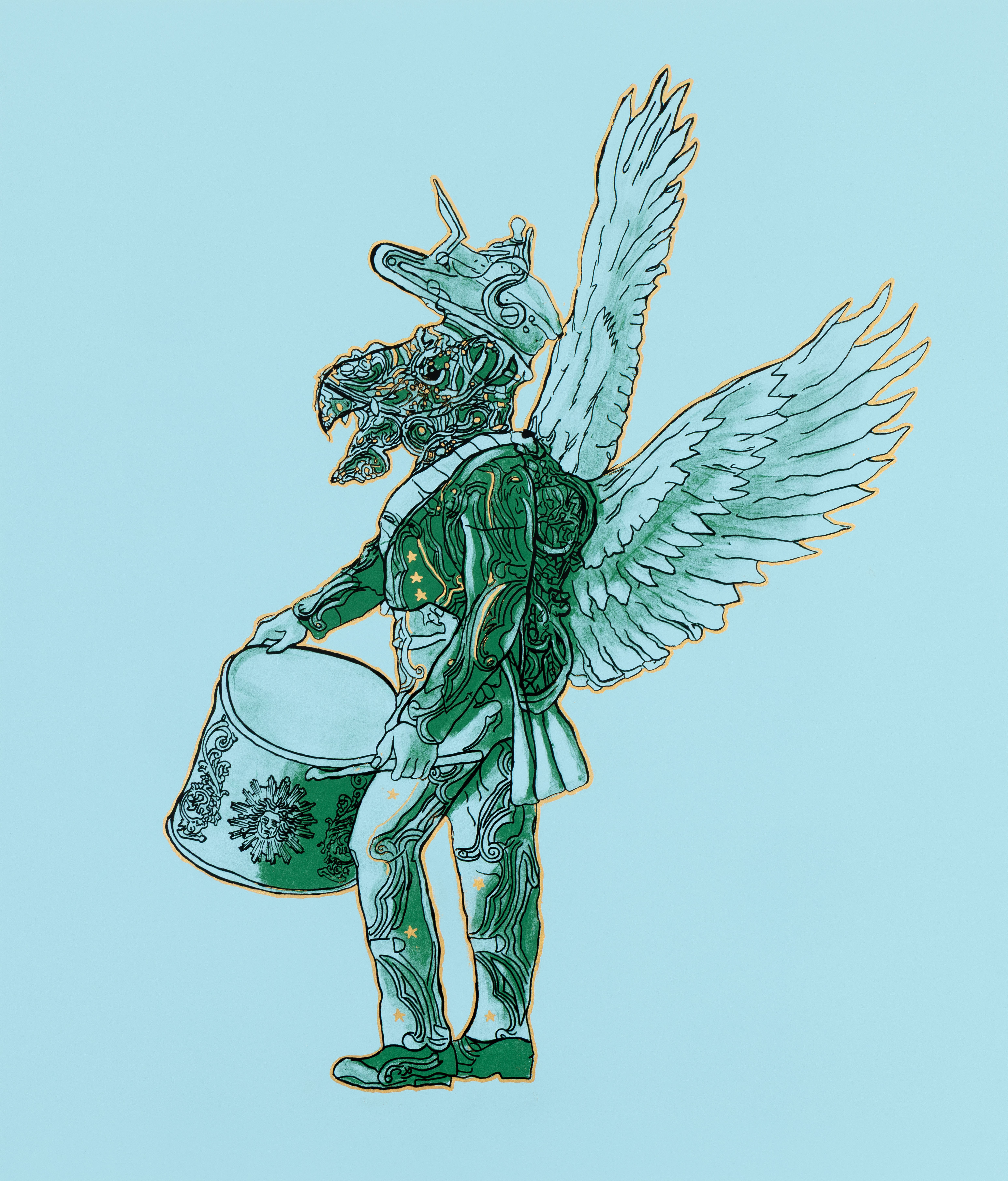 Hew Locke, Kings & Queens 14 — a large winged figure in ornate green armour, holding a drum, on a pale blue ground, gold outline.