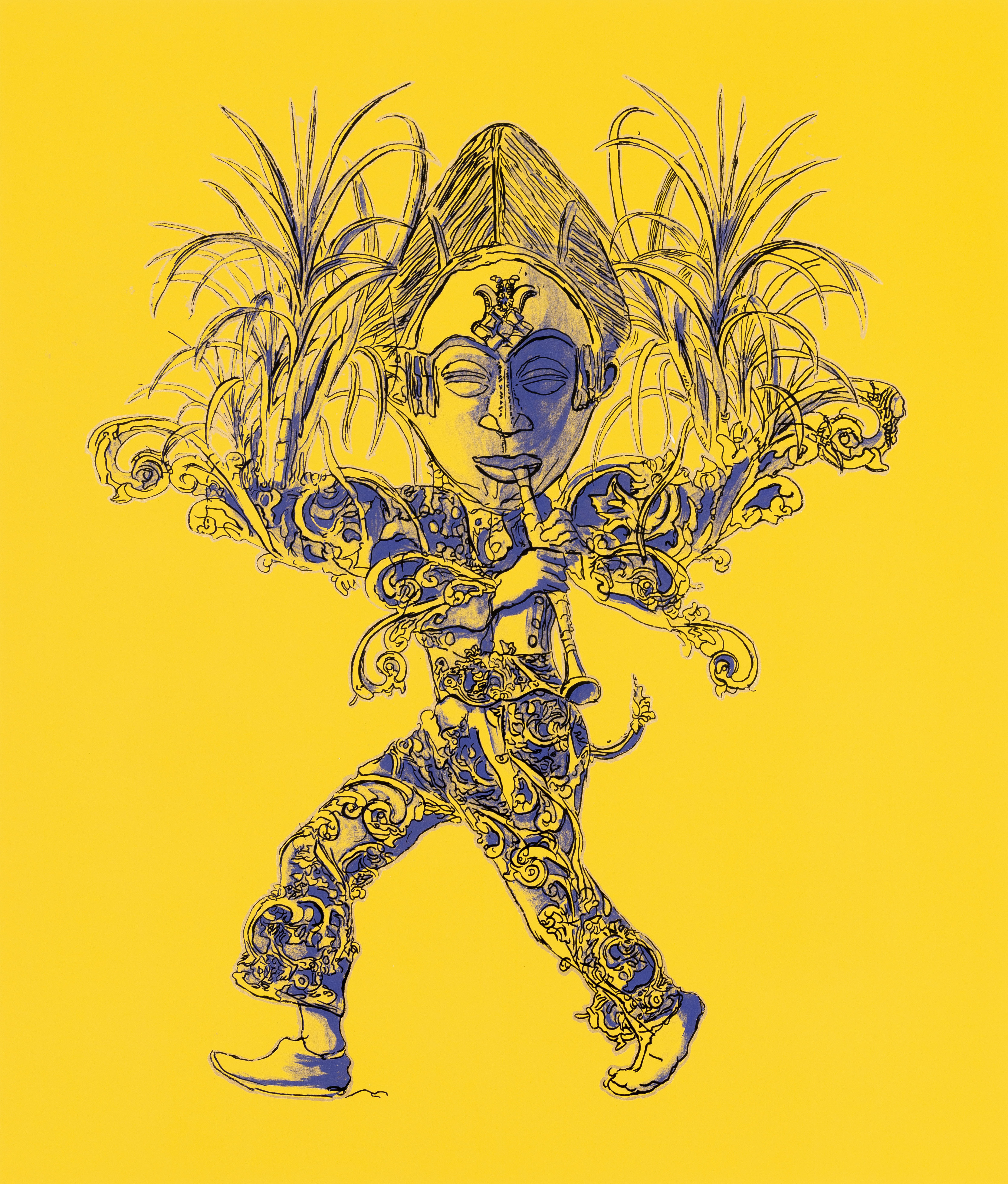 Hew Locke, Kings & Queens 12 — a striding masked figure playing a horn, framed by fanning leaves and scrollwork, on yellow.