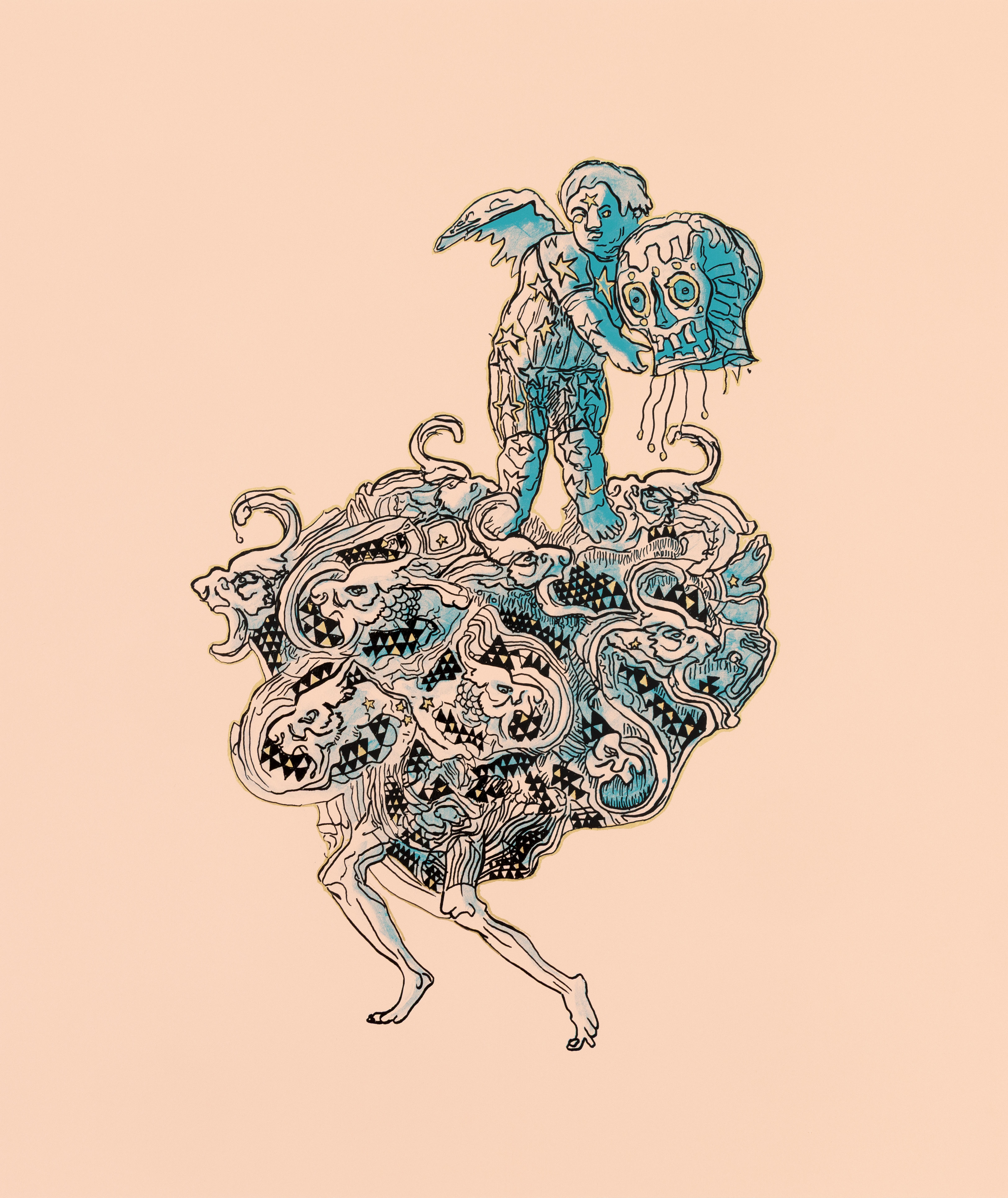 Hew Locke, Kings & Queens 9 — a small winged figure holding up a dripping mask, standing on a dense heap of tangled forms.