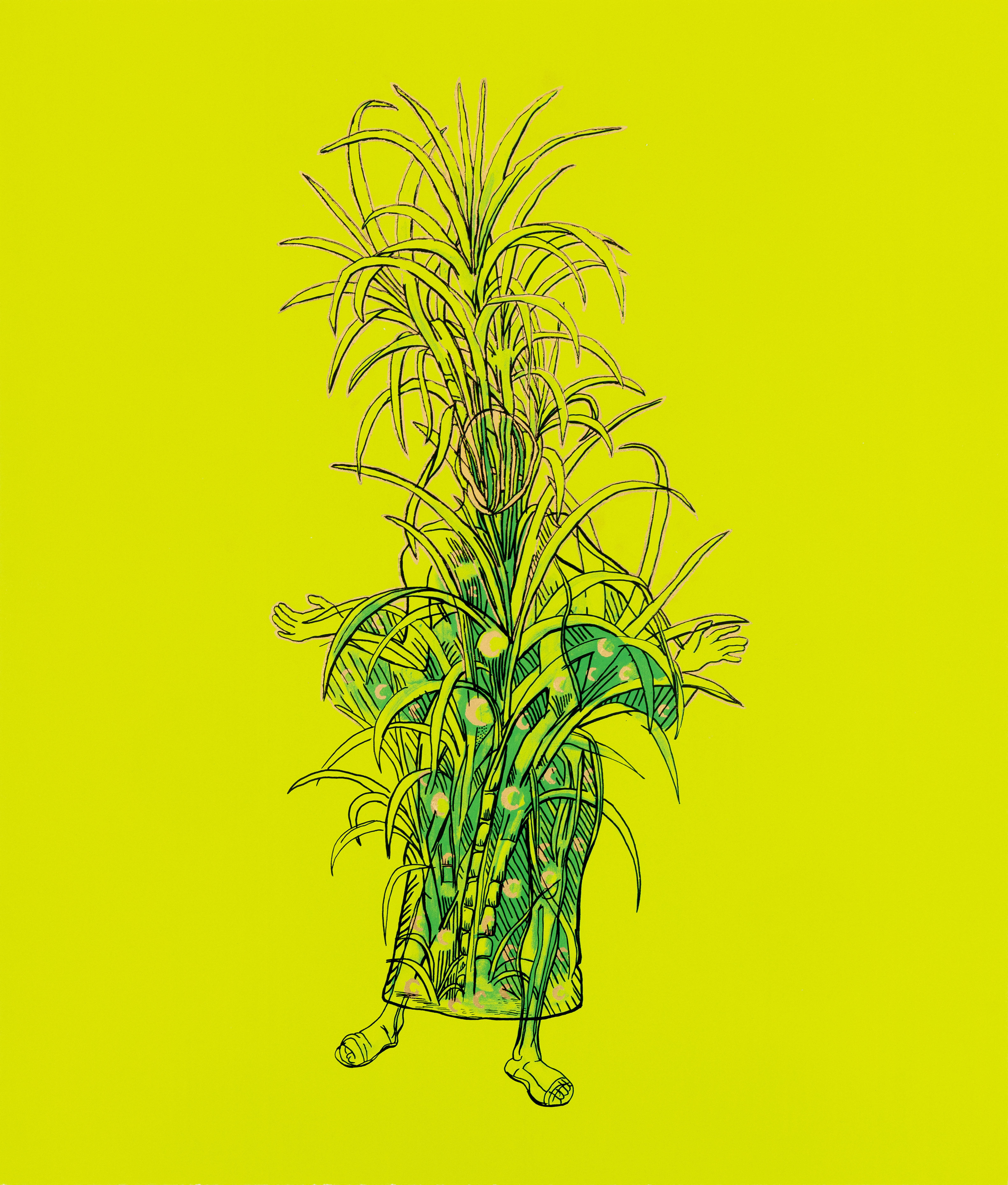 Hew Locke, Kings & Queens 7 — a standing figure engulfed by a tall leafy plant, only bare arms and feet visible, on lime.