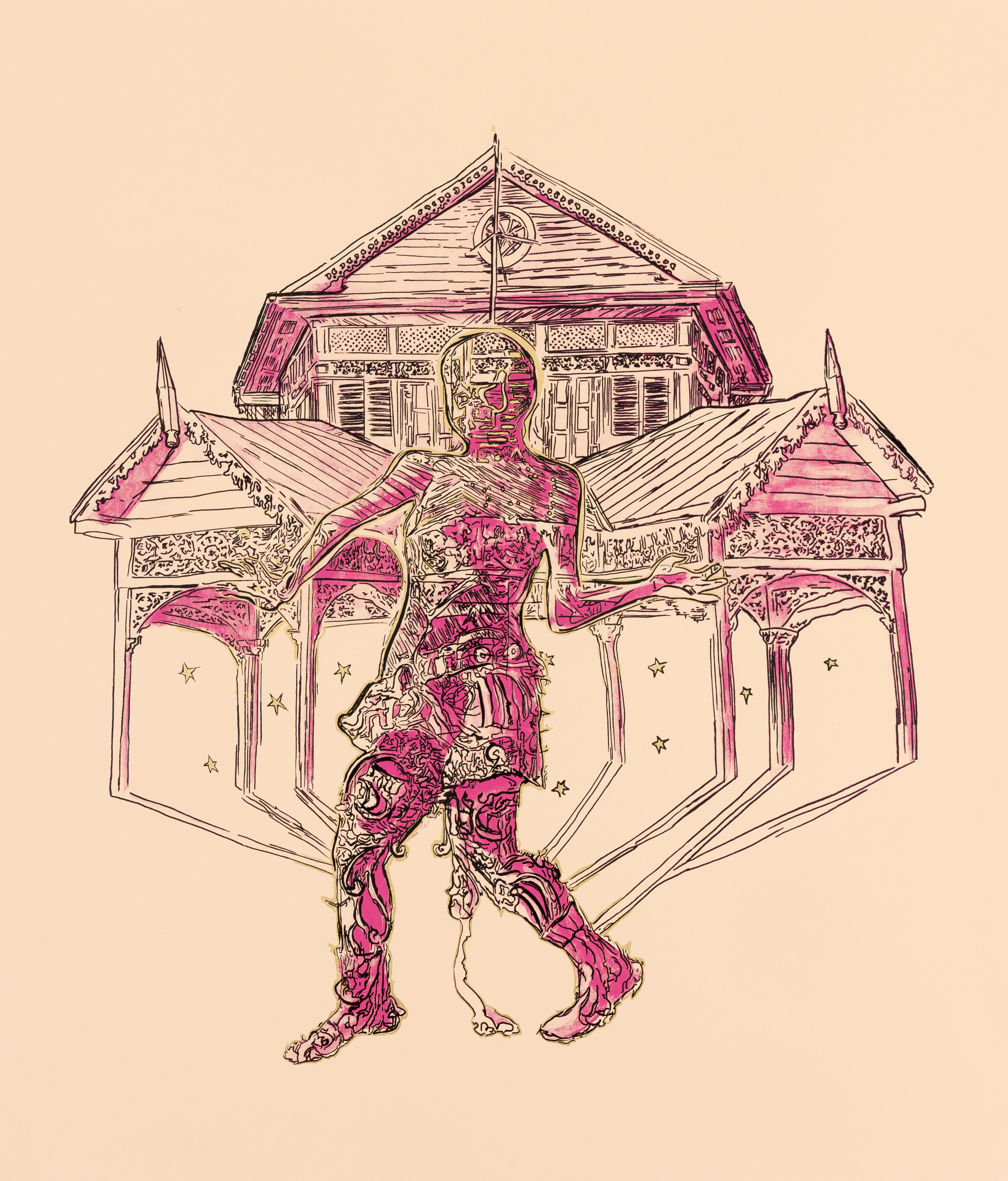 Hew Locke, Kings & Queens 5 — a striding patterned figure in front of an ornate wooden building with fretwork and stars.