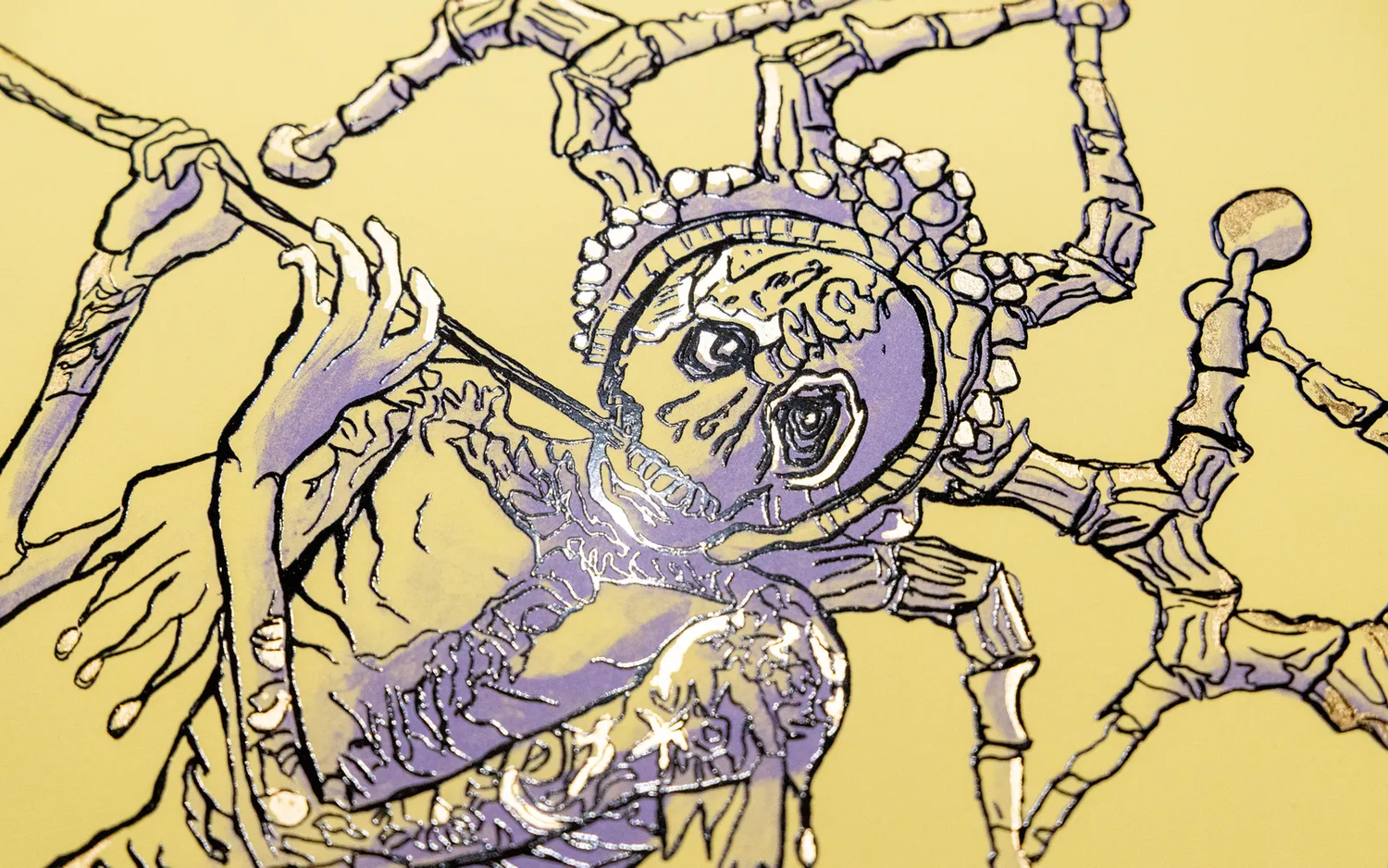 Detail of Hew Locke's Kings & Queens 4 showing raised 23 carat gold leaf along the skull mask and radiating bone forms.