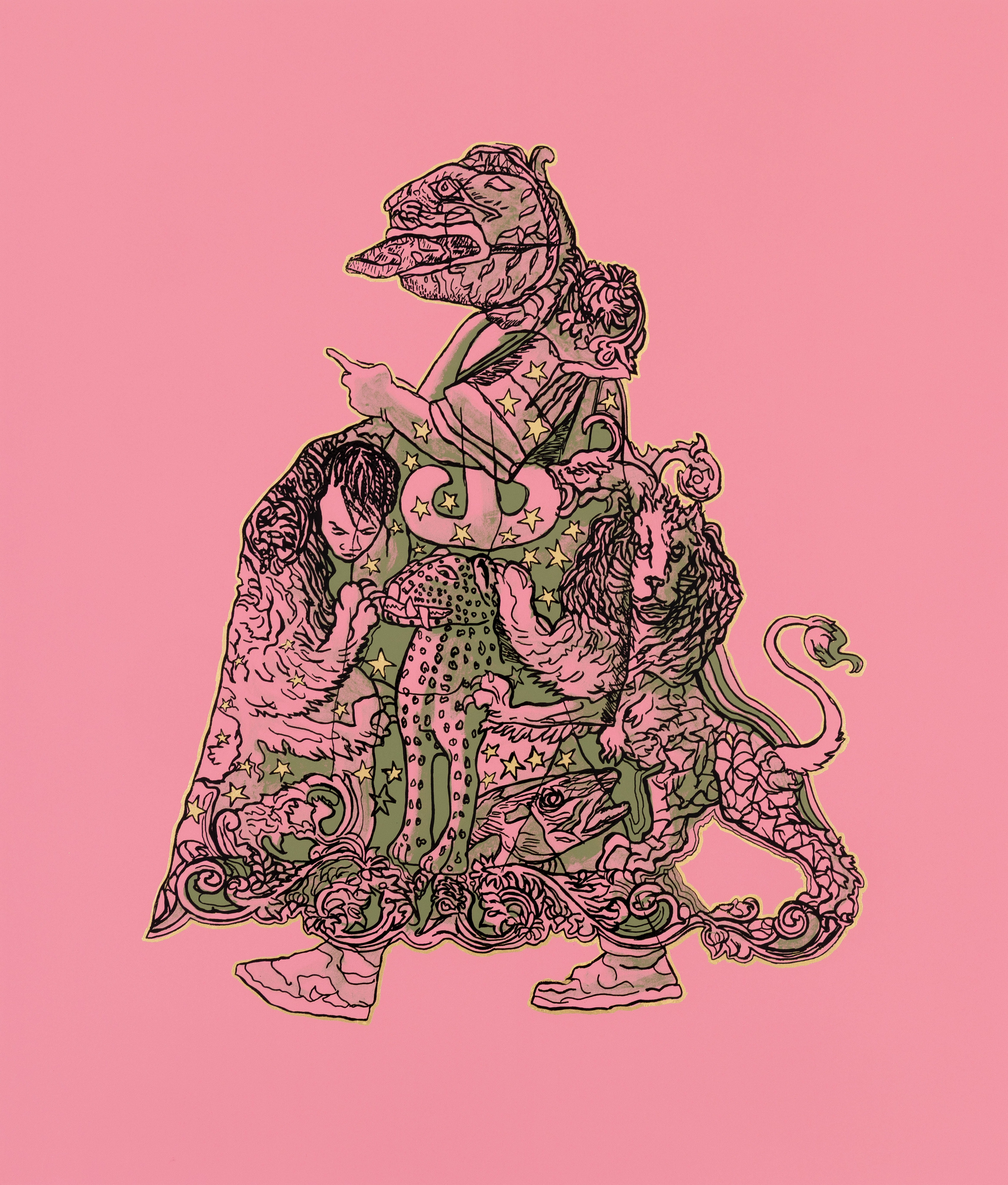 Hew Locke, Kings & Queens 2 — a striding beast-headed figure whose star-strewn body is filled with a lion, leopard, fish and faces.