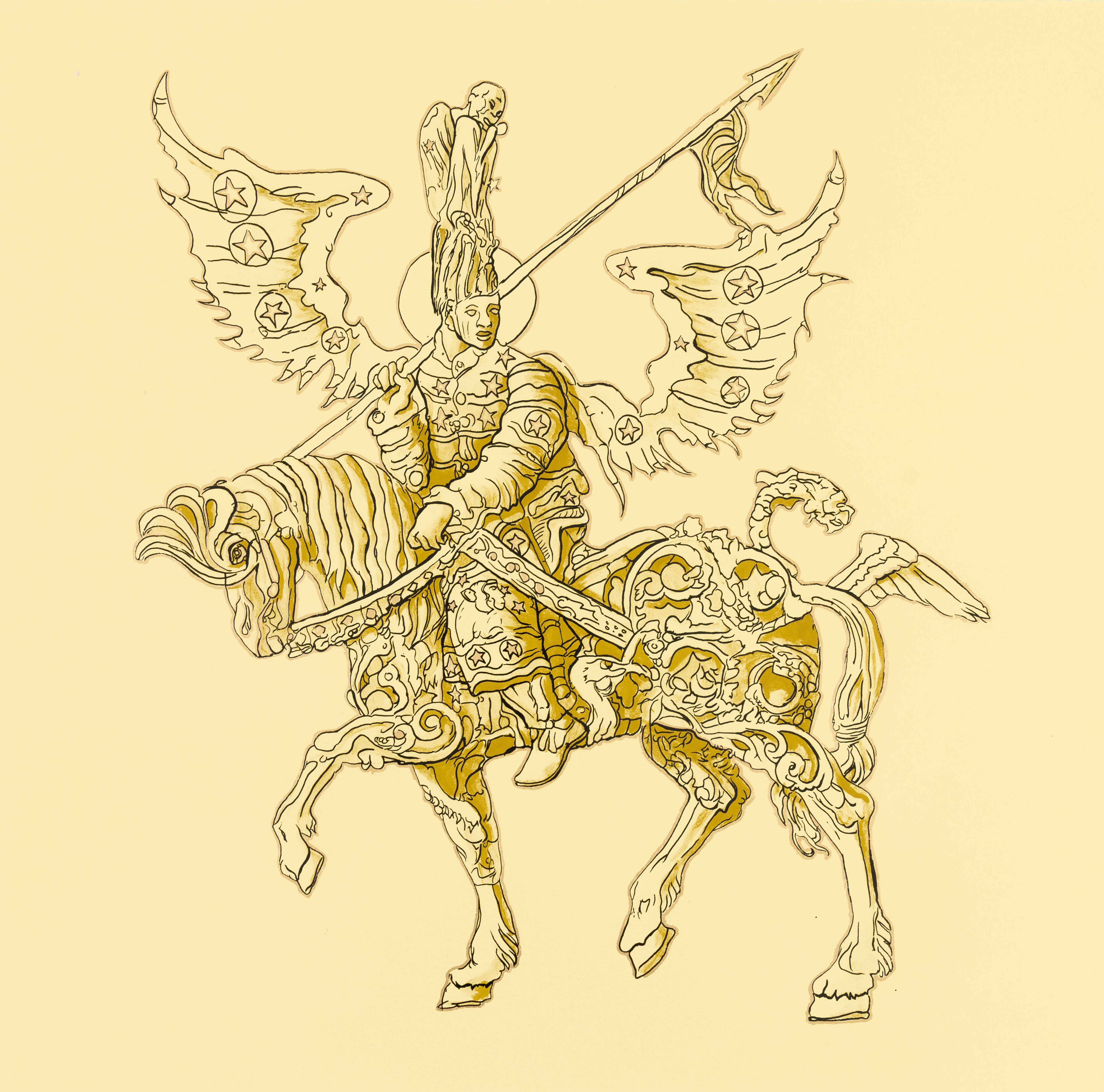 Hew Locke, Kings & Queens 1 — a haloed, winged rider in star-studded armour on an ornate horse, holding a banner-tipped lance.
