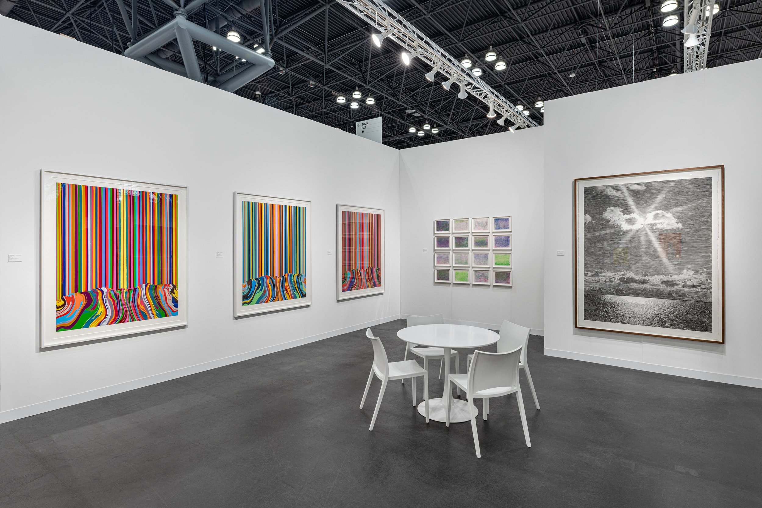 Cristea Roberts Gallery booth at The Armory Show 2024 — three Davenport poured-stripe prints on the left wall, other works right.