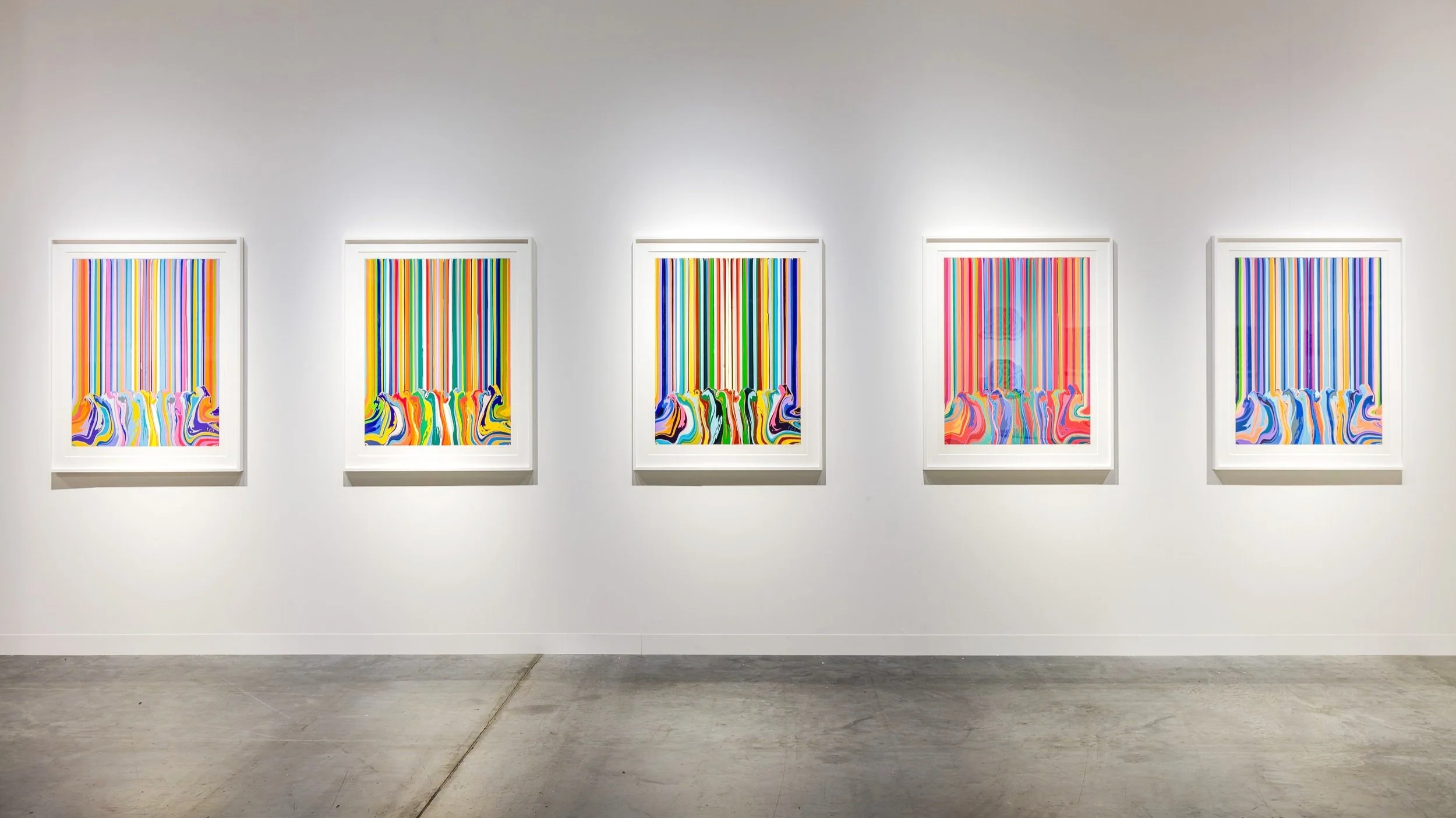 Ian Davenport, Mirrored Enamel at Cristea Roberts Gallery — five framed poured-stripe prints in a row on a white gallery wall.