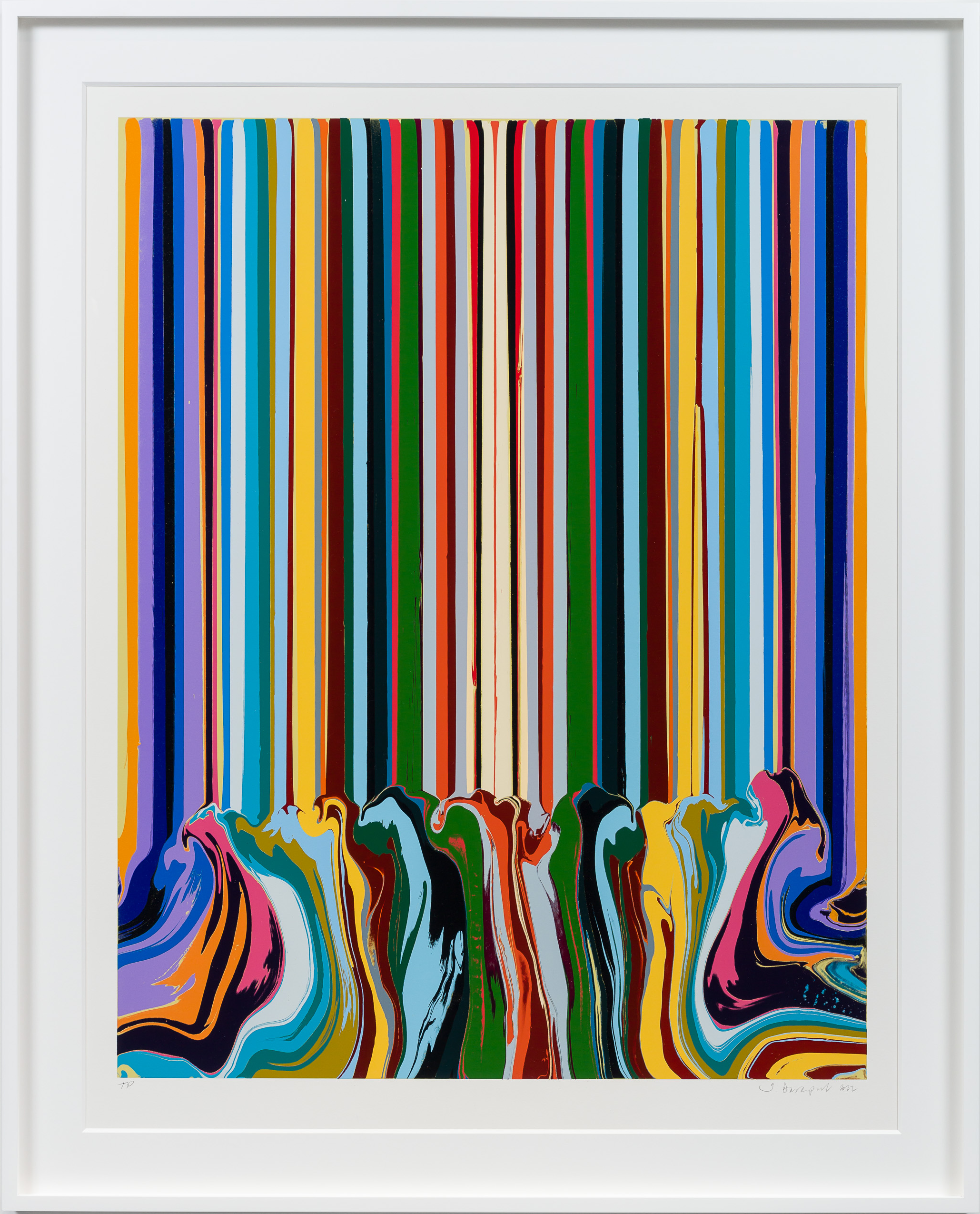 Ian Davenport, Mirrored Yellow Enamel — dense vertical rainbow stripes of poured enamel pooling into a marbled band below.
