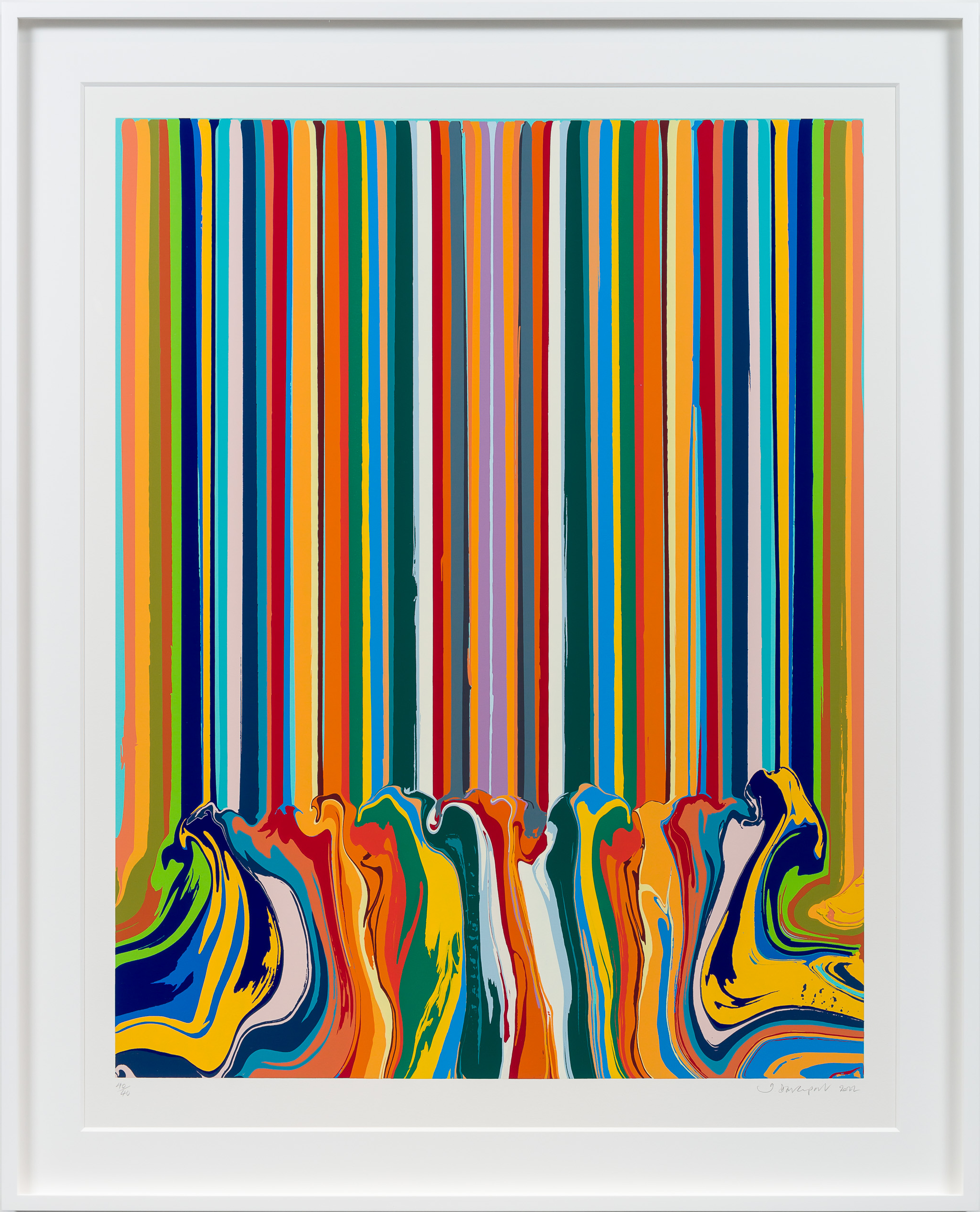 Ian Davenport, Mirrored Turquoise Enamel — dense vertical rainbow stripes of poured enamel pooling into a marbled band below.