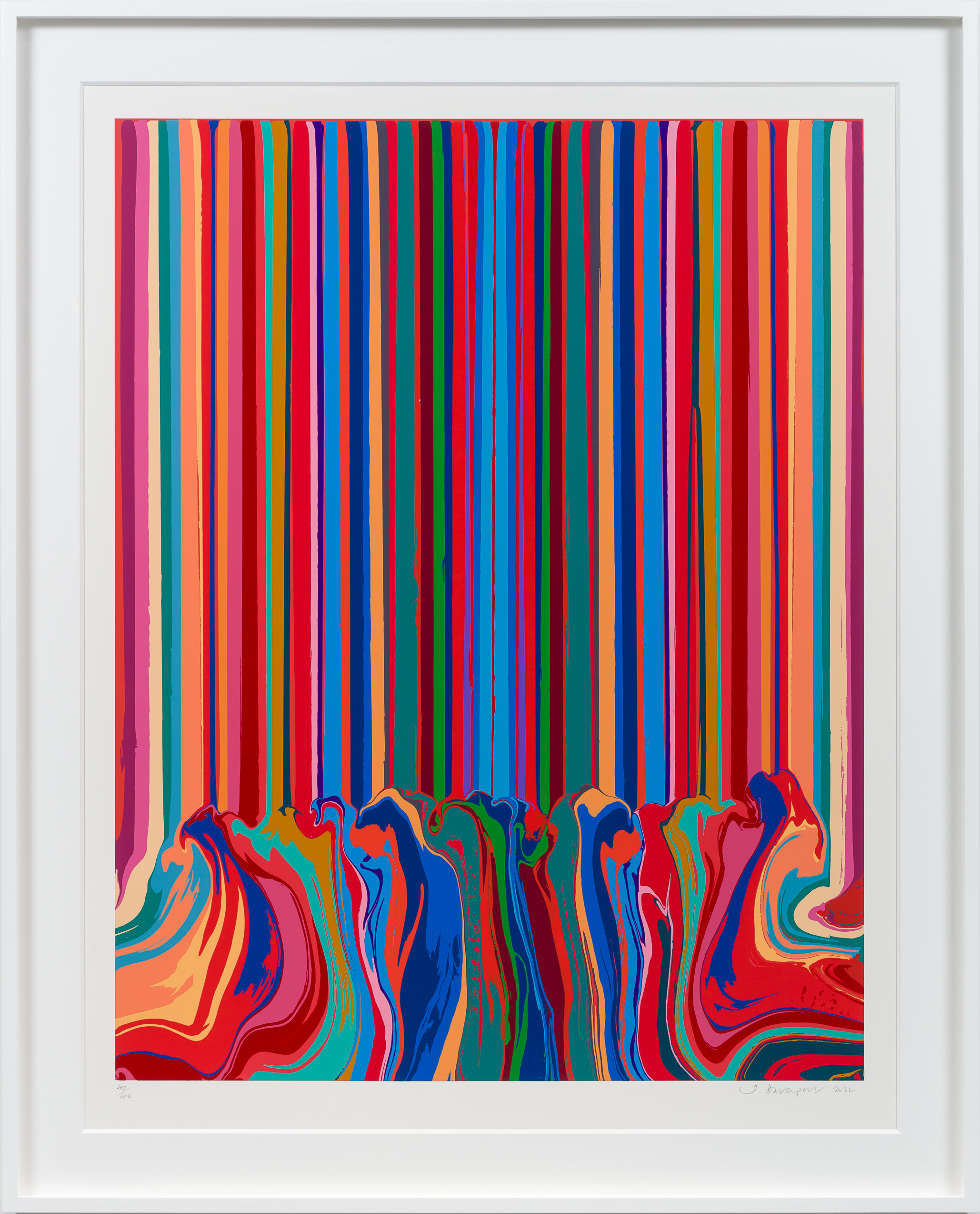 Ian Davenport, Mirrored Red Enamel — dense vertical rainbow stripes of poured enamel pooling into a marbled band below.