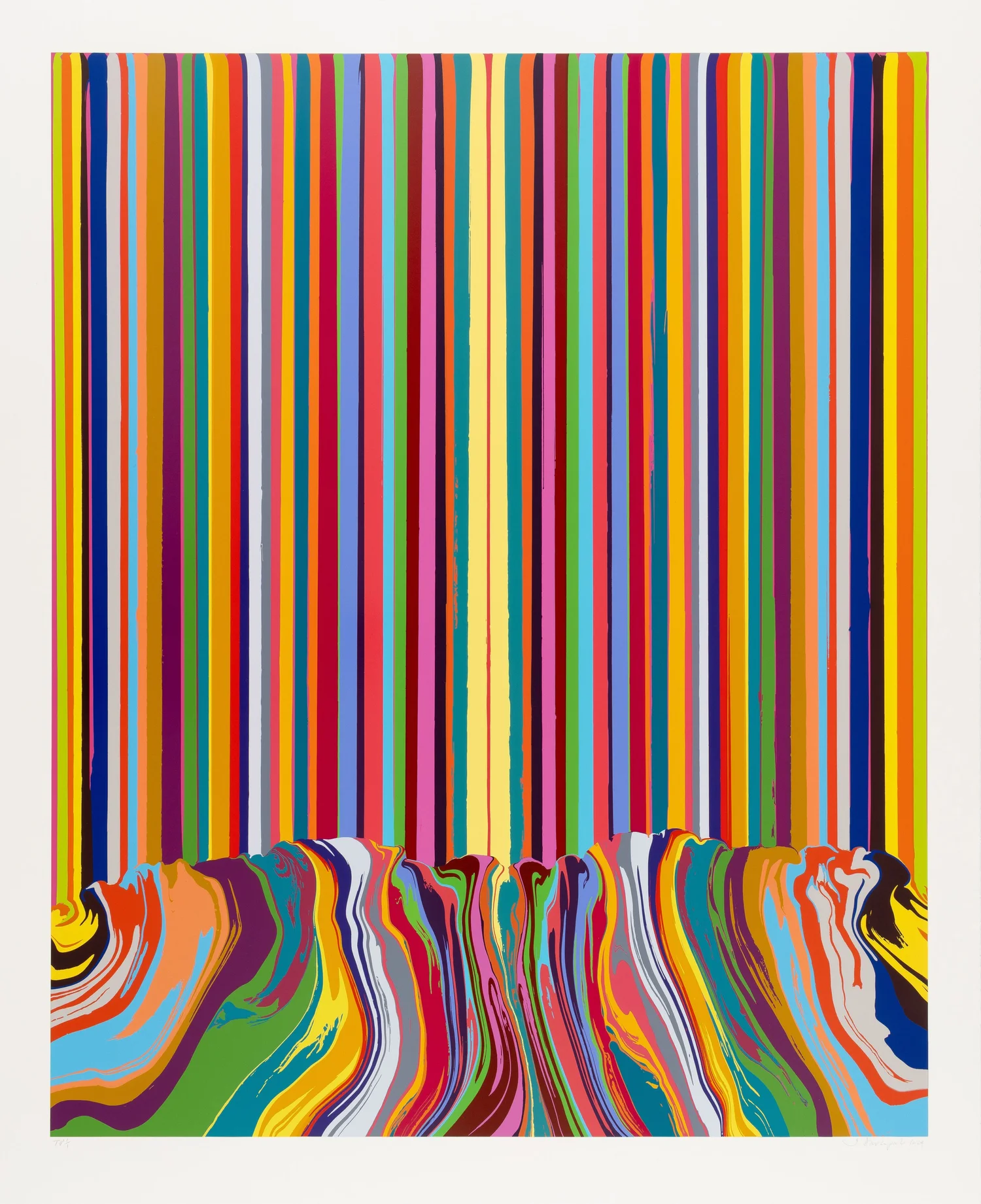 Ian Davenport, Pathway (Yellow) — dense vertical rainbow stripes of poured enamel pooling into a marbled band below.