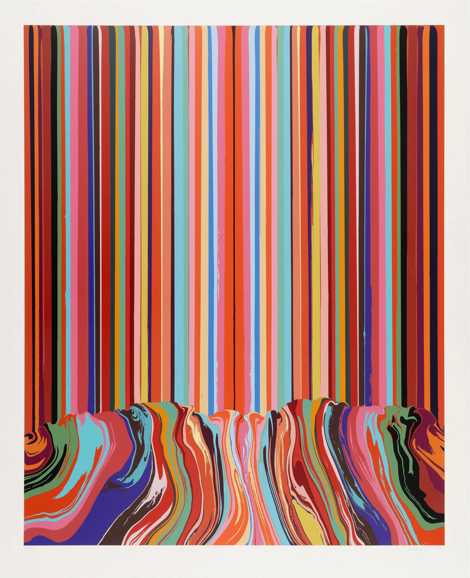 Ian Davenport, Pathway (Red) — dense vertical rainbow stripes of poured enamel pooling into a marbled band below.