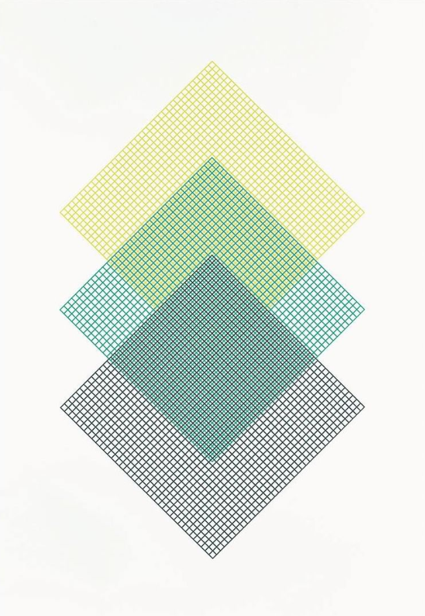 Rana Begum, No. 925 Mesh — three stacked gridded diamonds overlapping vertically in yellow, teal and black, on white.