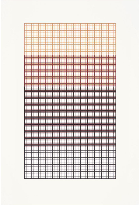 Rana Begum, No. 924 Mesh — a fine grid filling a vertical rectangle, colour grading from orange at top to black below, on white.