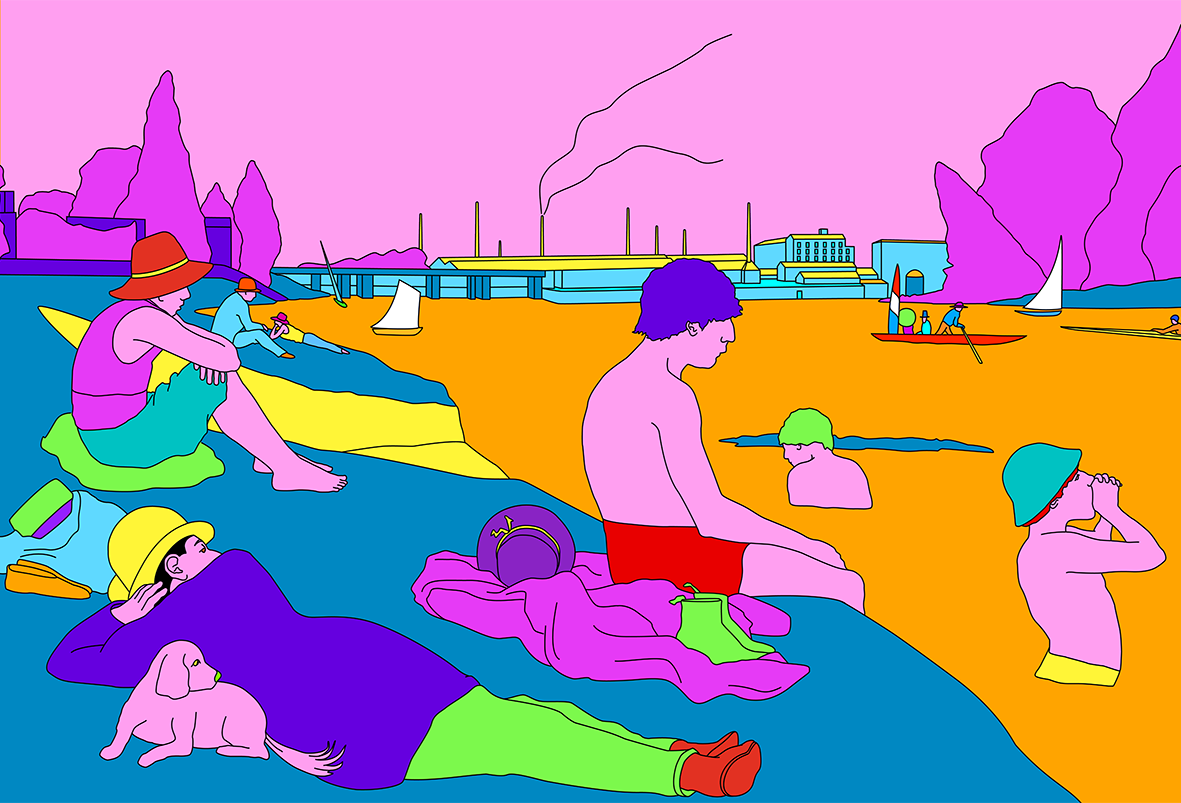 Michael Craig-Martin, Seurat (orange) — bathers in flat neon colour on an orange shore, factory chimneys and boats behind.