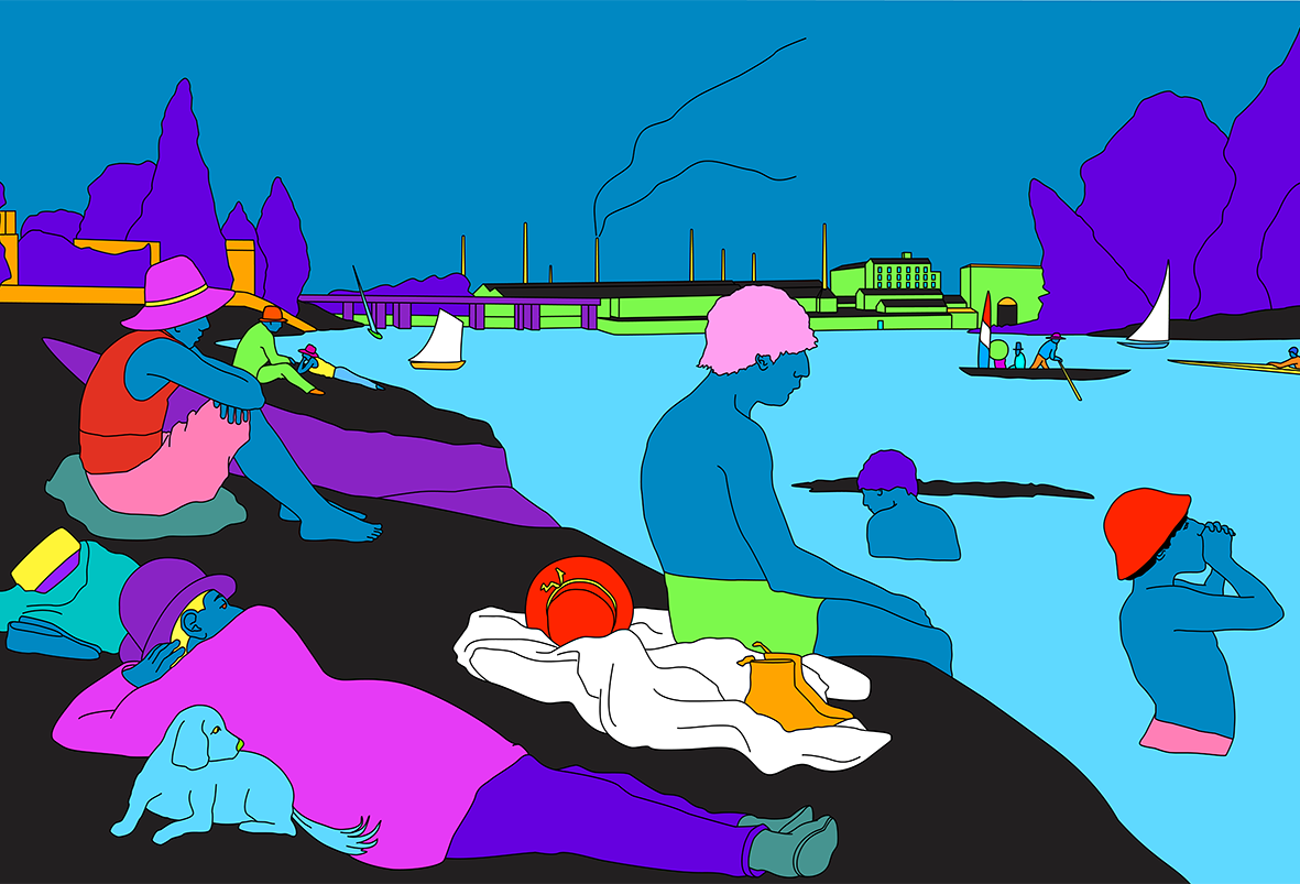 Michael Craig-Martin, Seurat (blue) — bathers in flat neon colour on a black shore with blue water, factory and boats behind.