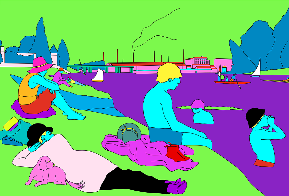 Michael Craig-Martin, Seurat (green) — bathers in flat neon colour on a green shore with purple water, factory and boats behind.