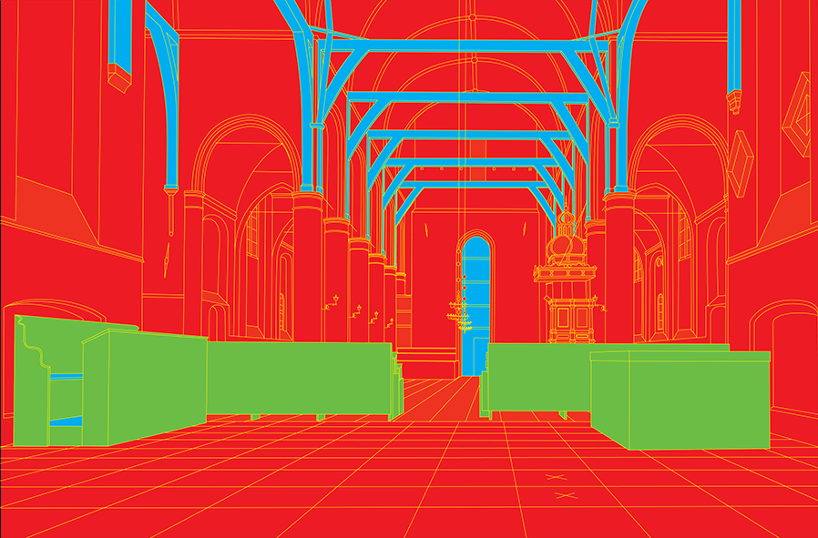 Michael Craig-Martin, Saenredam (red) — a church interior in flat red with blue columns and green pews, drawn in fine line.