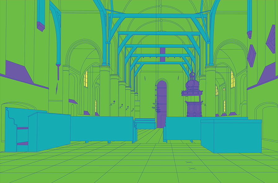 Michael Craig-Martin, Saenredam (green) — a church interior in flat green with teal columns and purple details, drawn in fine line.
